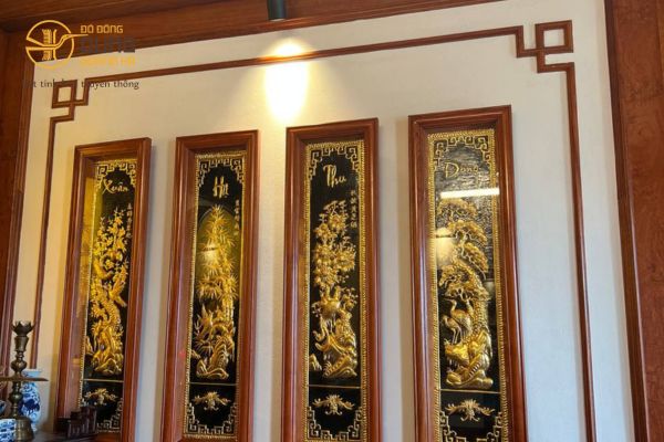 Bàn giao lắp đặt tranh Vinh Quy Bái Tổ 1m6x1m + tranh Tứ Quý 1m2x35cm thếp vàng 9999 khách Hà Nội!