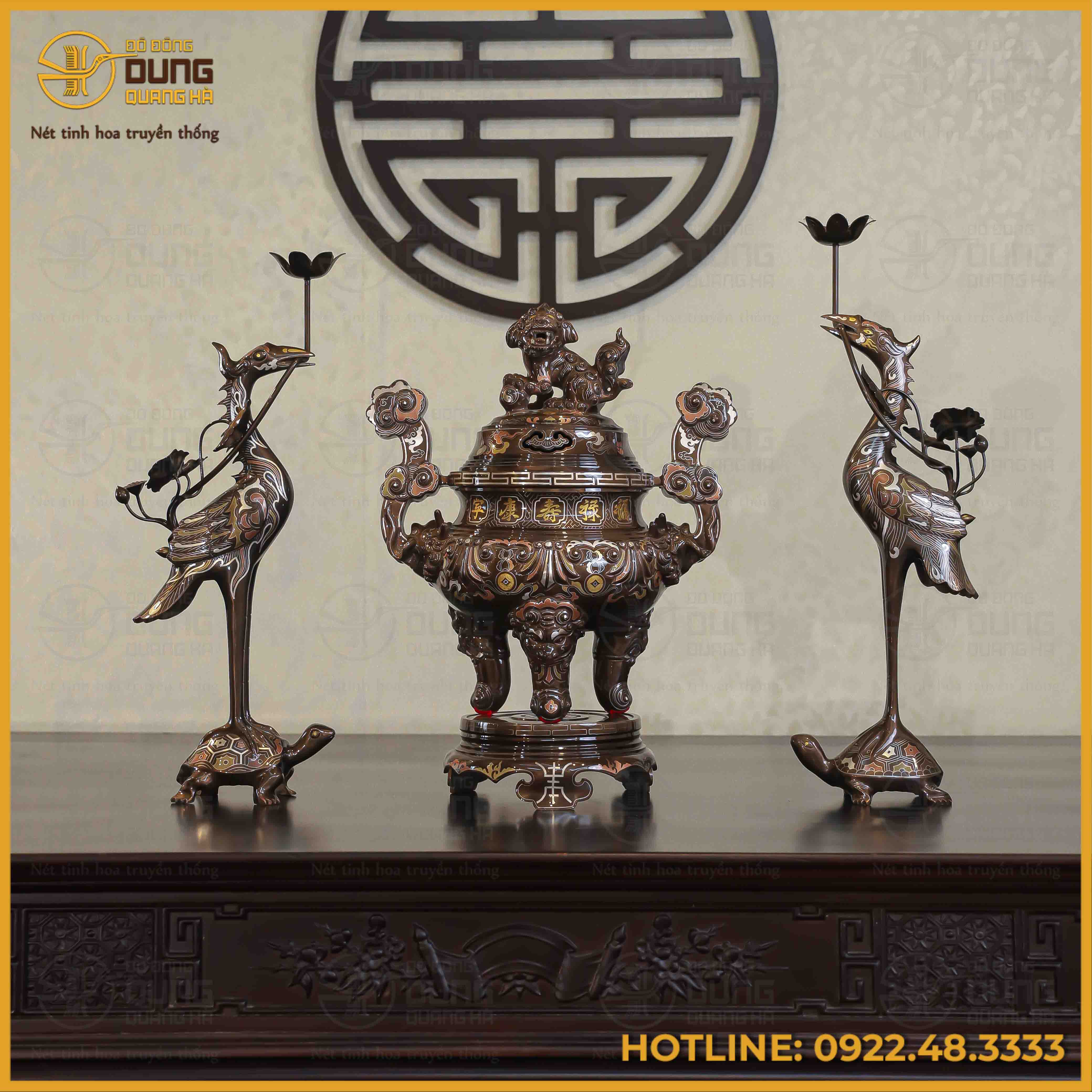 Bộ tam sự hạc đồng đỏ khảm ngũ sắc chạm sòi 50cm
