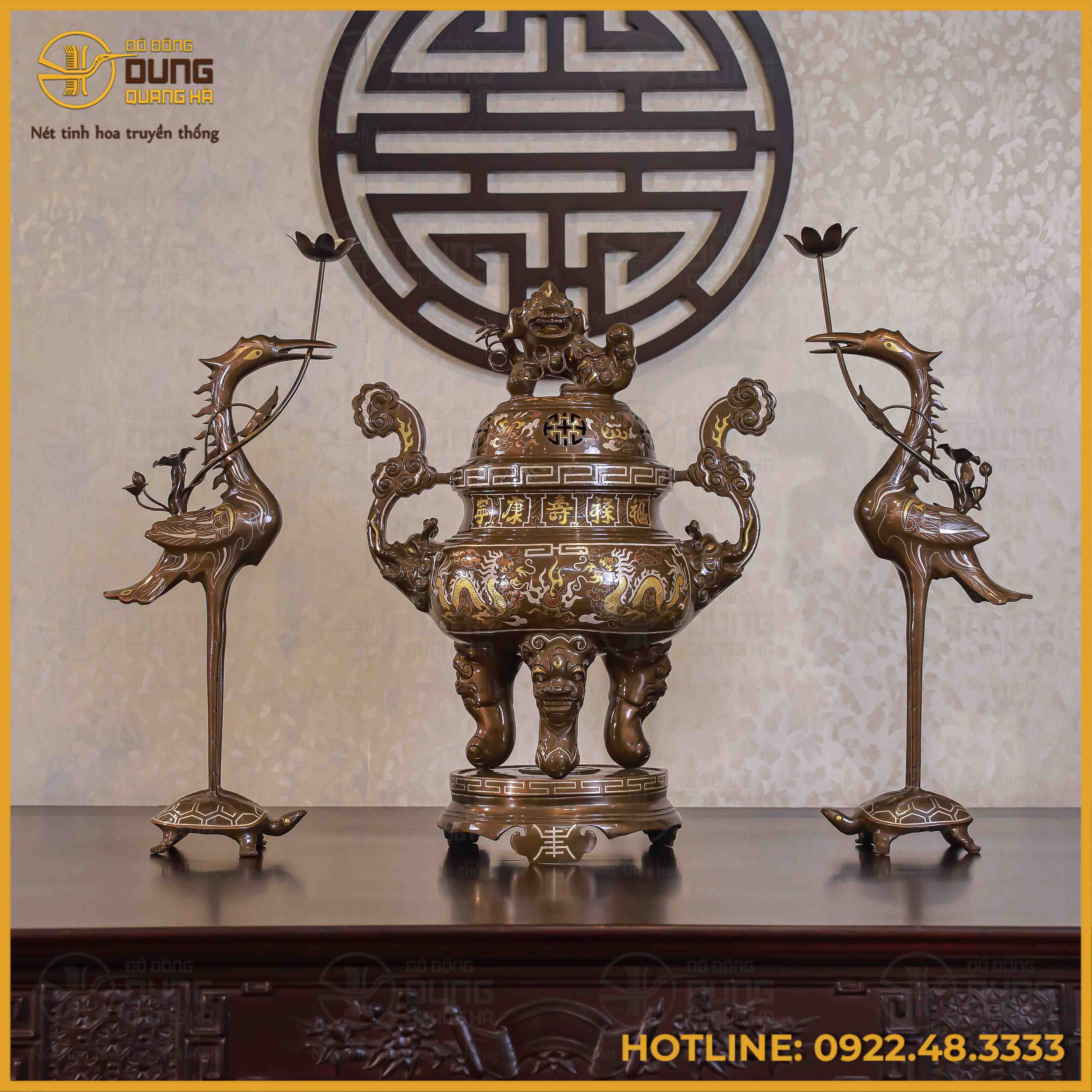 Bộ tam sự hạc đồng đỏ khảm tam khí thường dát điểm vàng 60cm