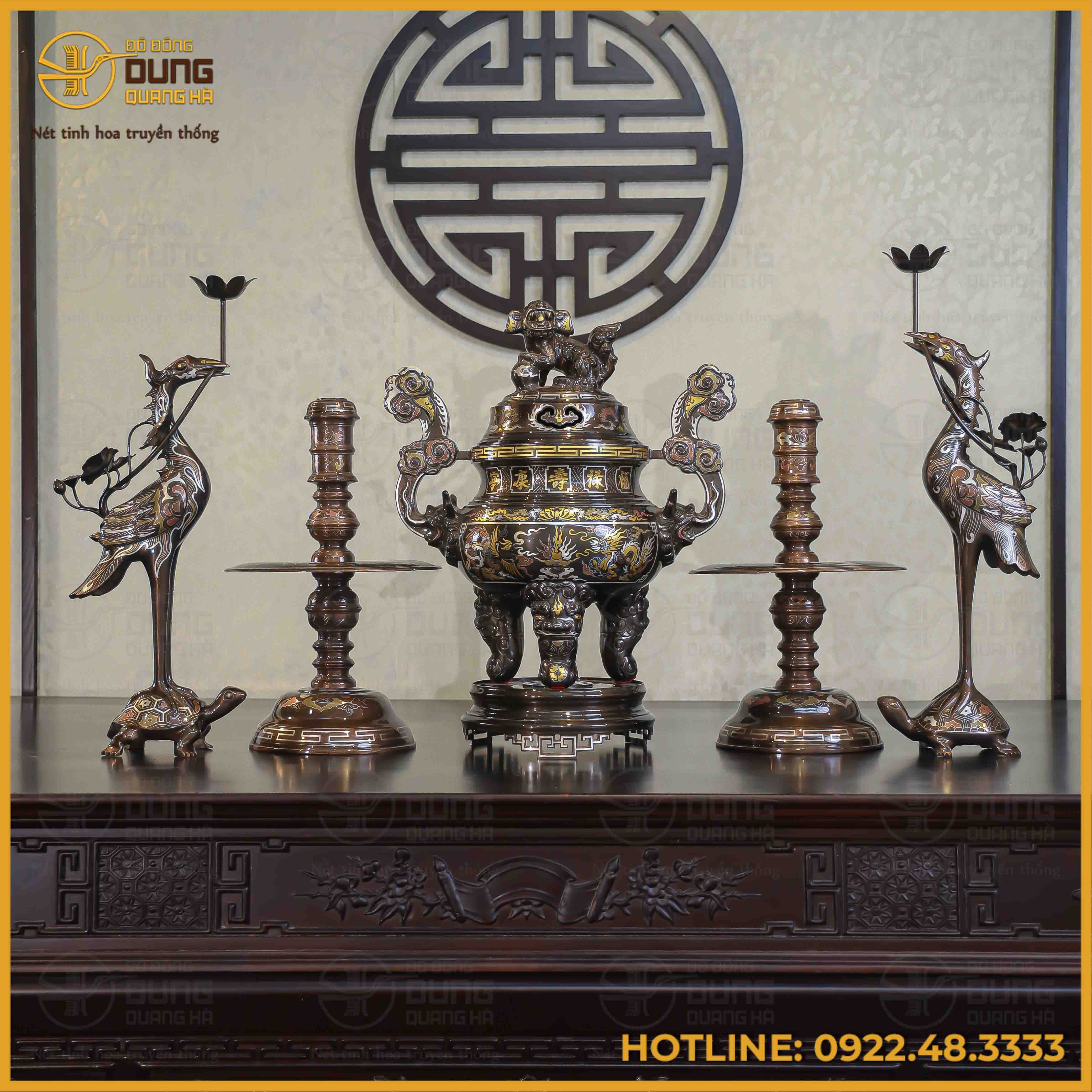Bộ ngũ sự đồng đỏ khảm ngũ sắc song long chầu nguyệt 50cm
