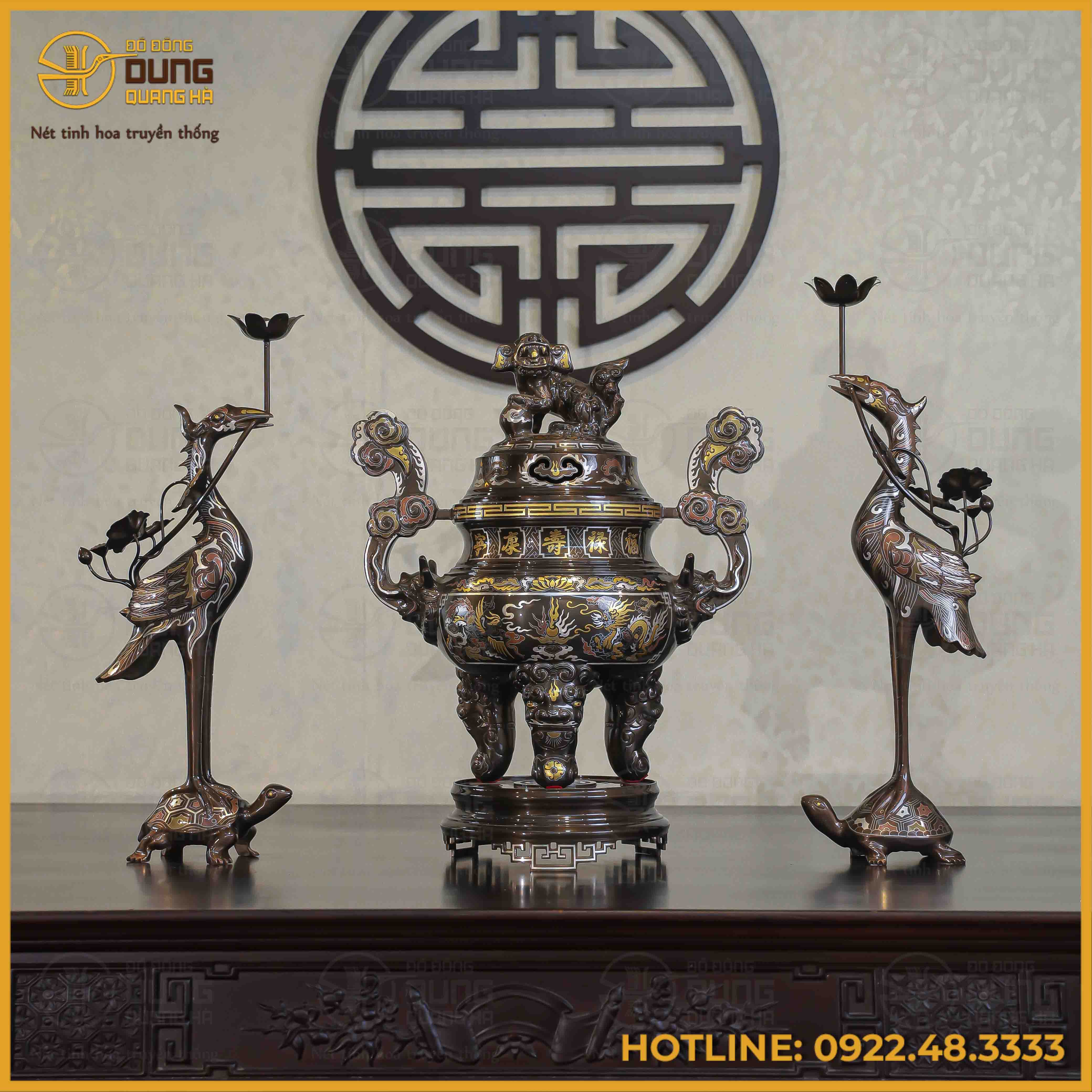 Bộ tam sự hạc đồng đỏ khảm ngũ sắc song long chầu nguyệt 50cm