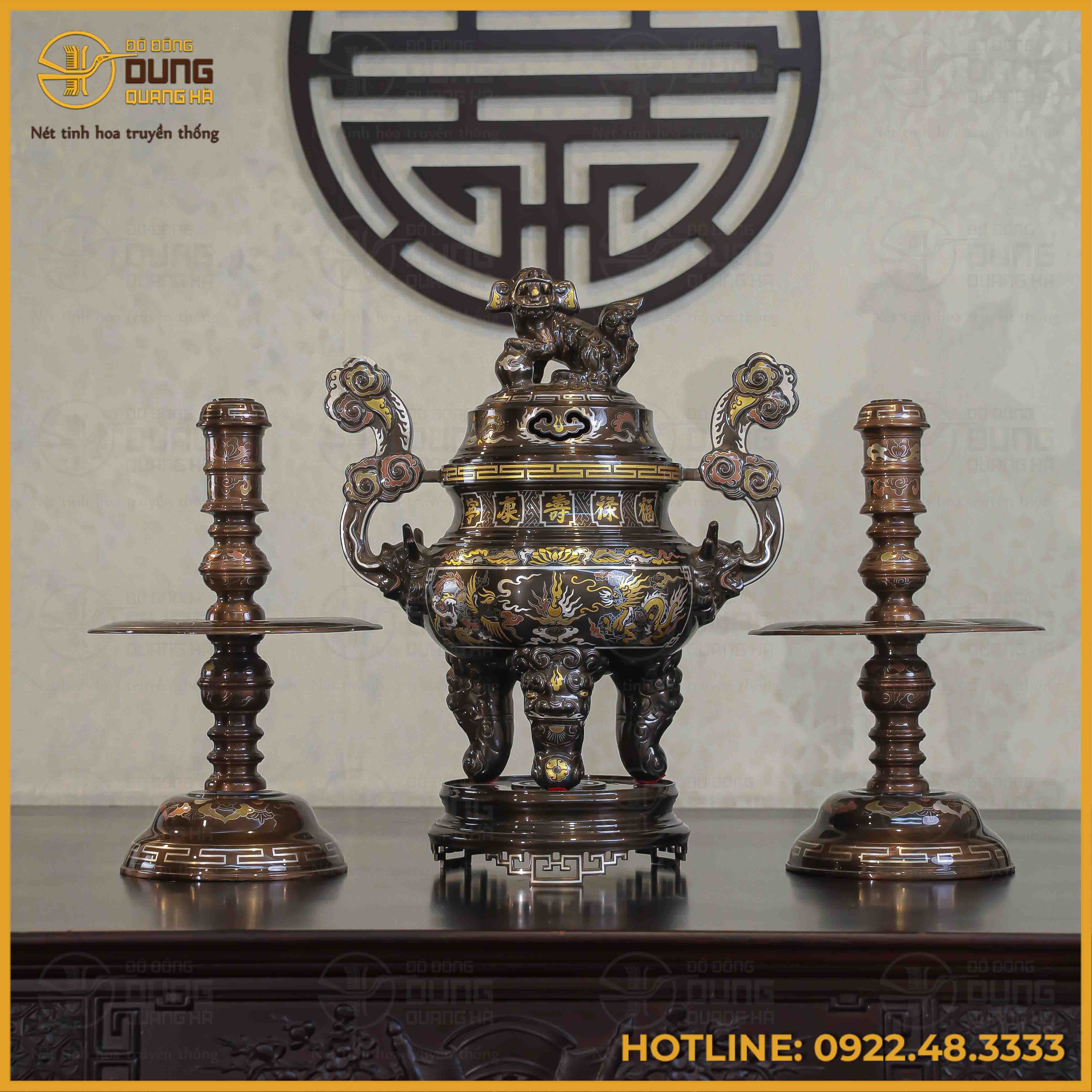 Bộ tam sự nến đồng đỏ khảm ngũ sắc song long chầu nguyệt 50cm