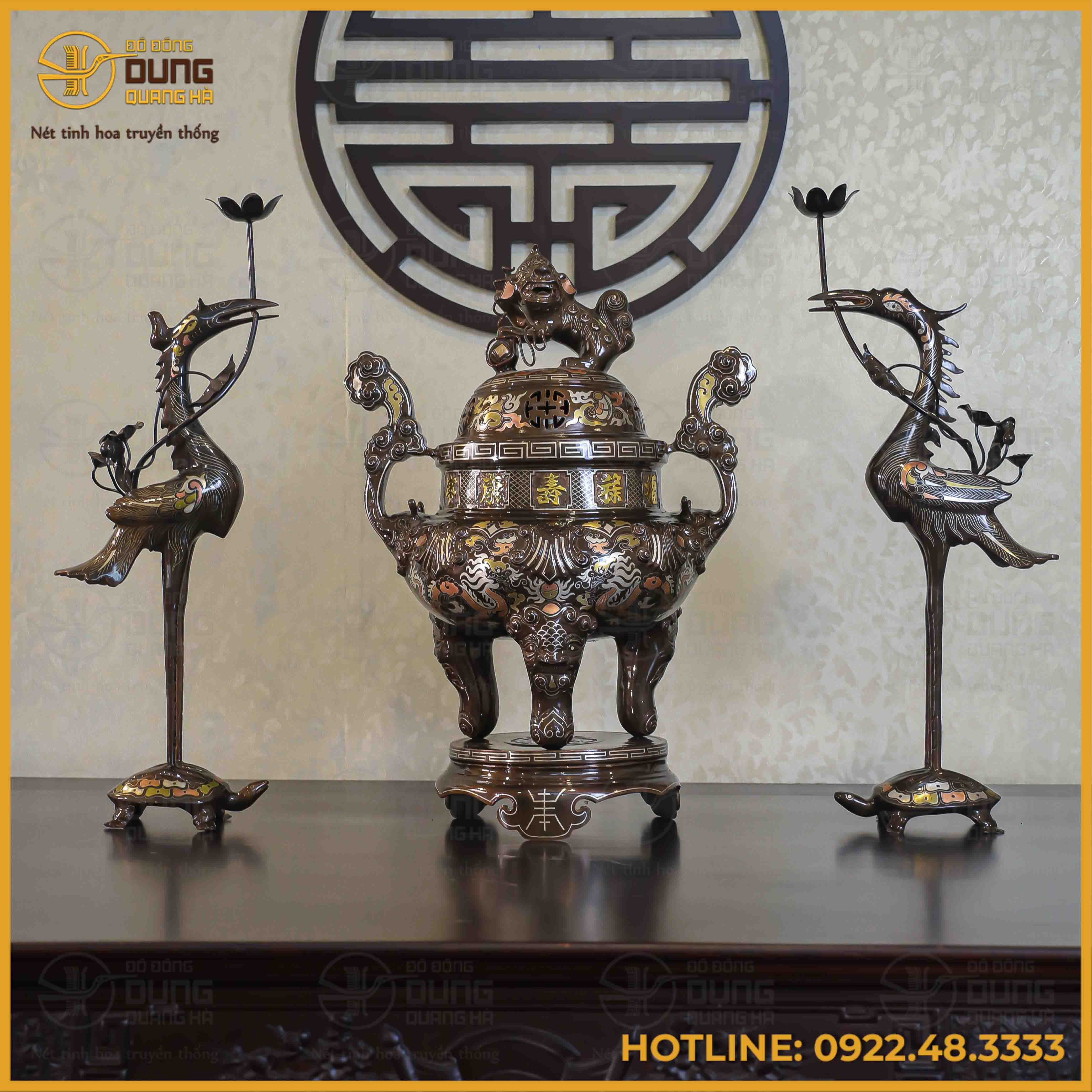 Bộ tam sự hạc đồng đỏ khảm tam khí kỹ chạm sòi 60cm