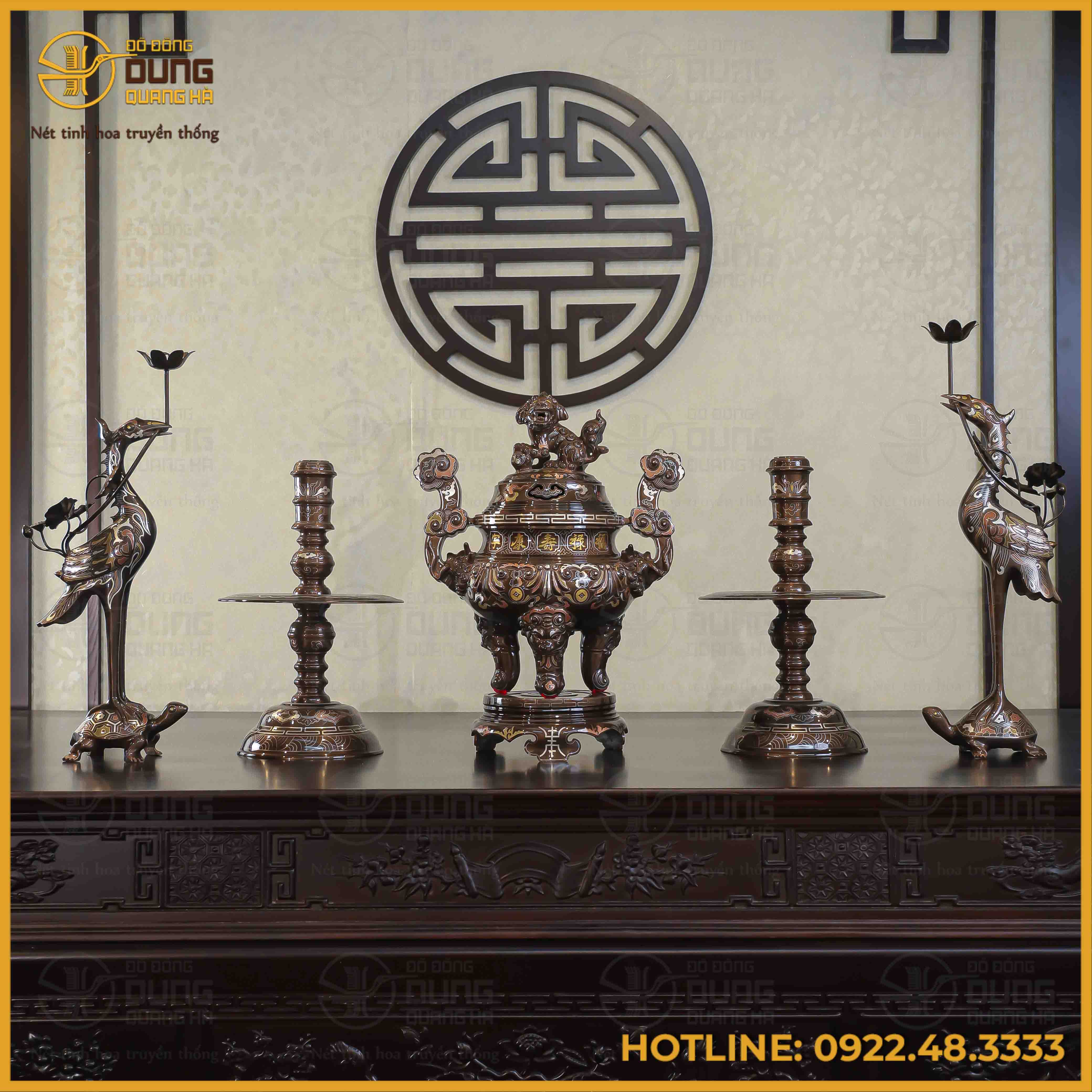 Bộ ngũ sự đồng đỏ khảm ngũ sắc chạm sòi 50cm
