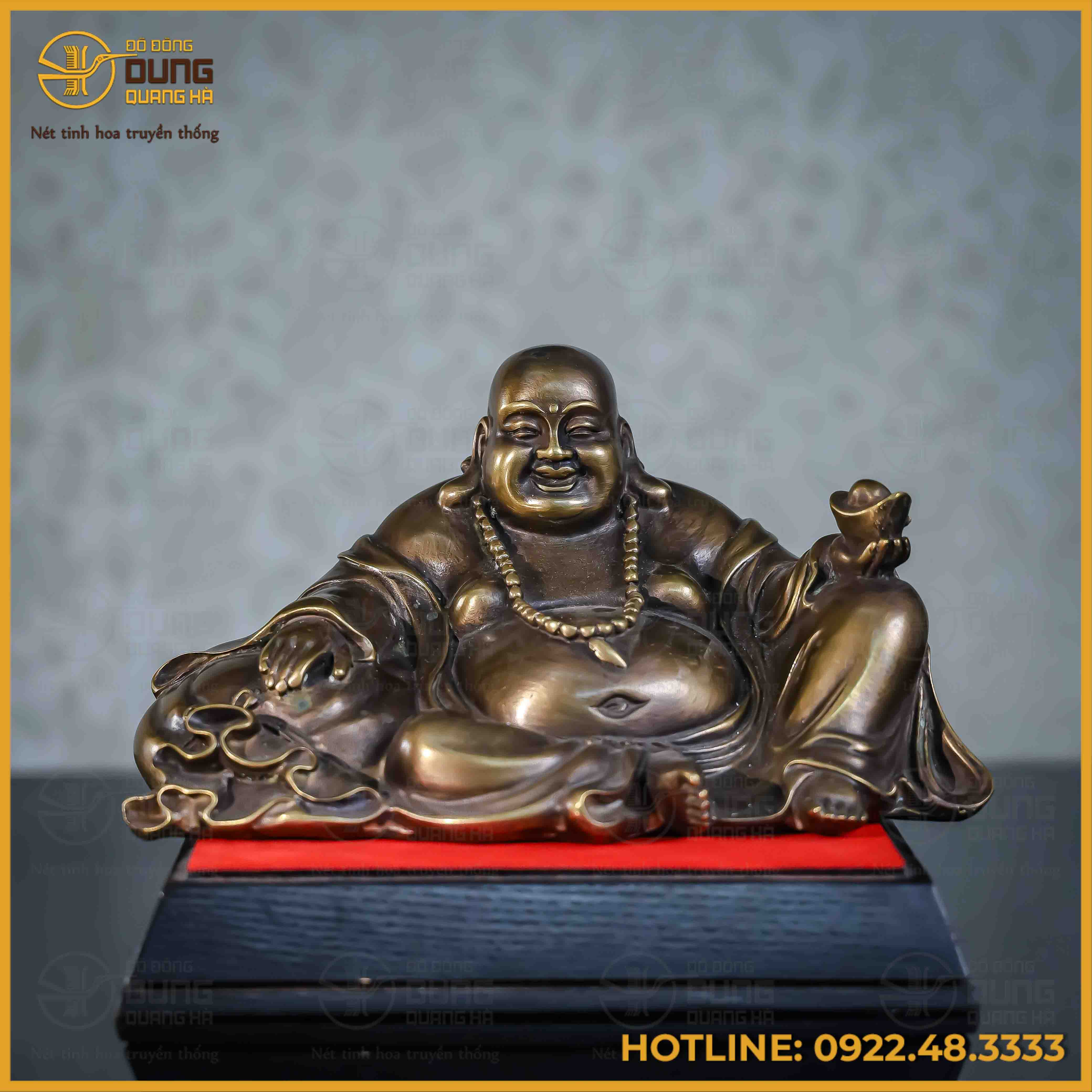 Tượng Phật Di Lặc đồng vàng hun cao 15cm ngang 27cm sâu 16cm