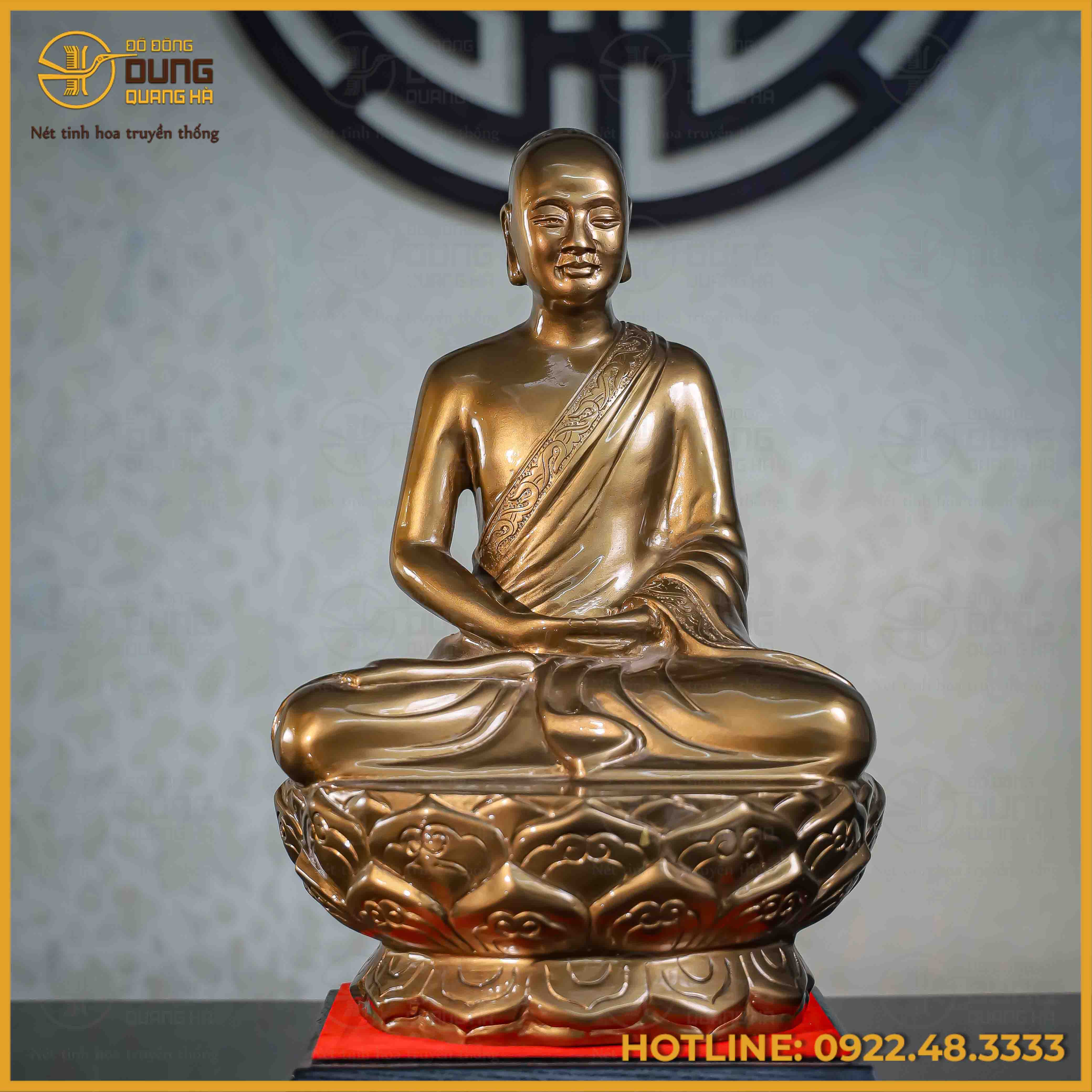 Tượng Trần Nhân Tông đồng đỏ làm màu cao 38cm