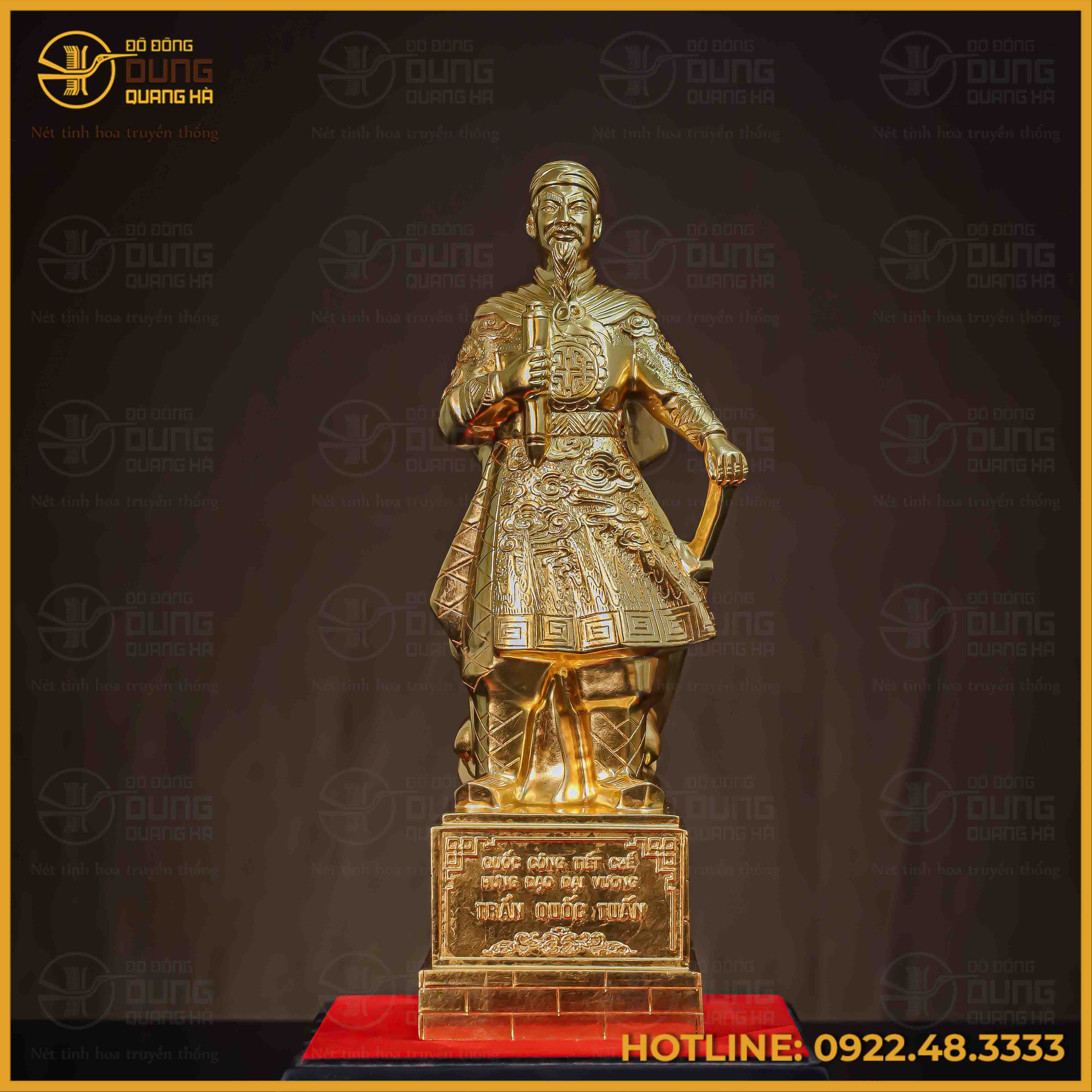 Tượng Trần Hưng Đạo đồng đỏ mộc cày nổi dát vàng cao 38cm