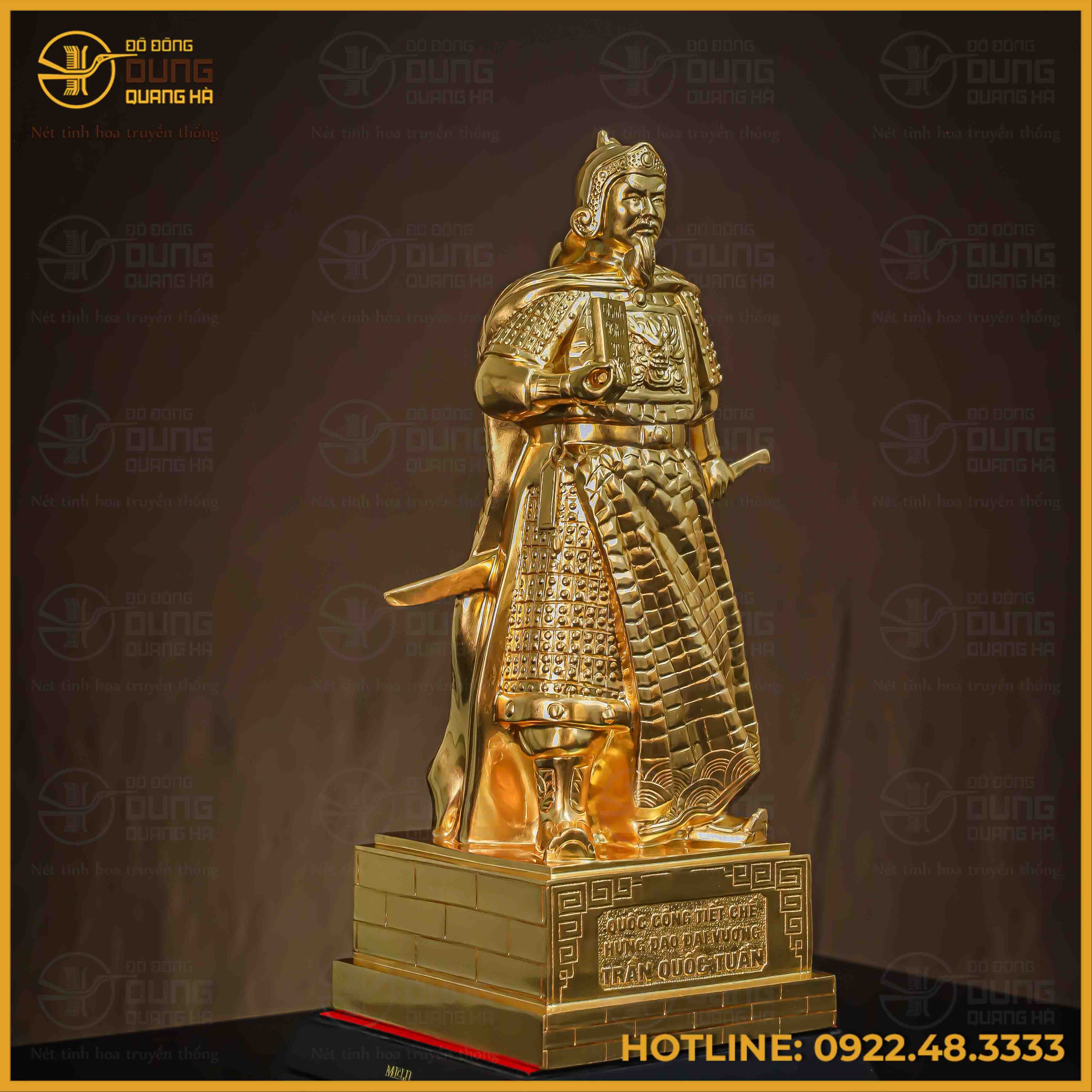 Tượng Trần Hưng Đạo đồng đỏ áo giáp cày nổi dát vàng 50cm