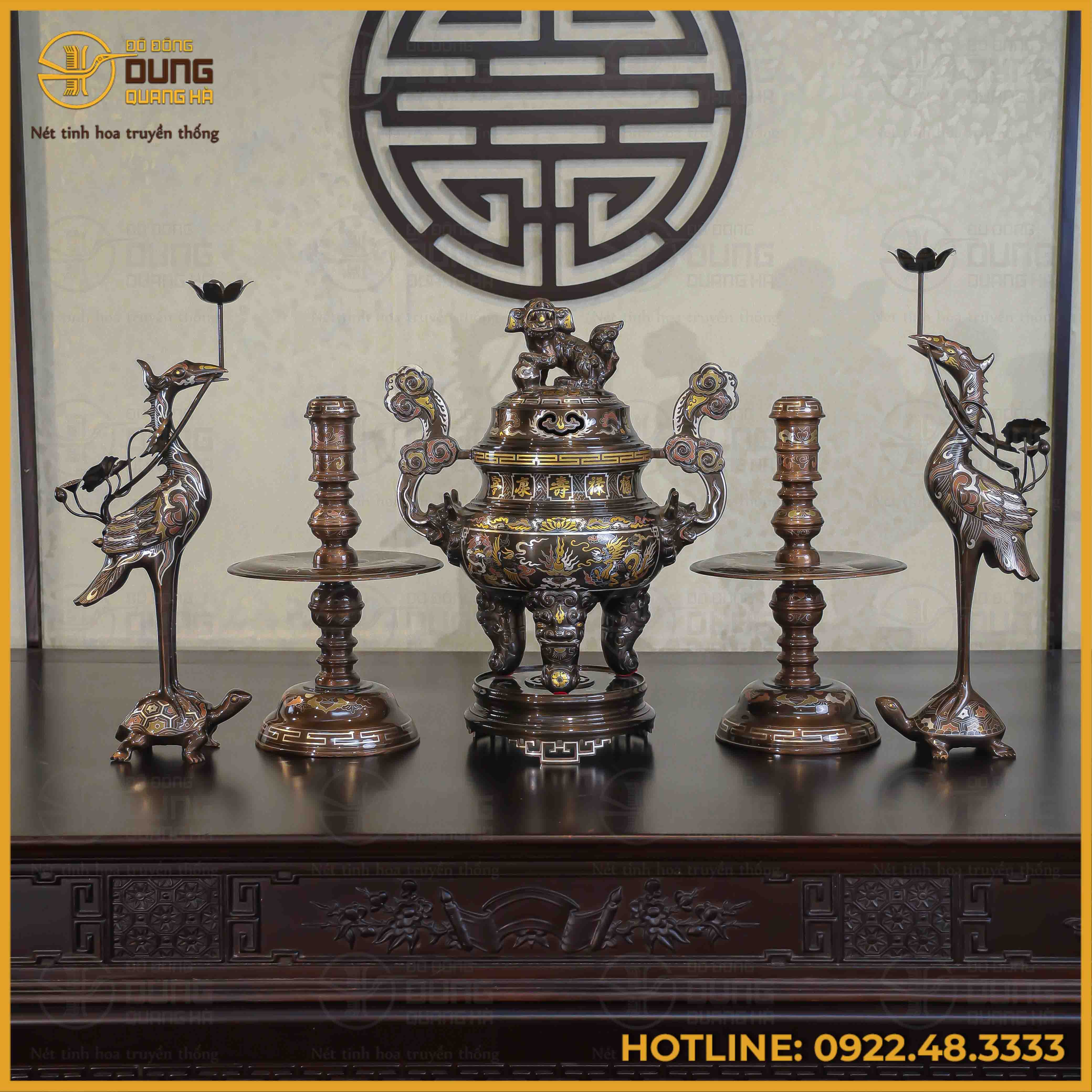 Bộ ngũ sự đồng đỏ khảm ngũ sắc song long chầu nguyệt 50cm