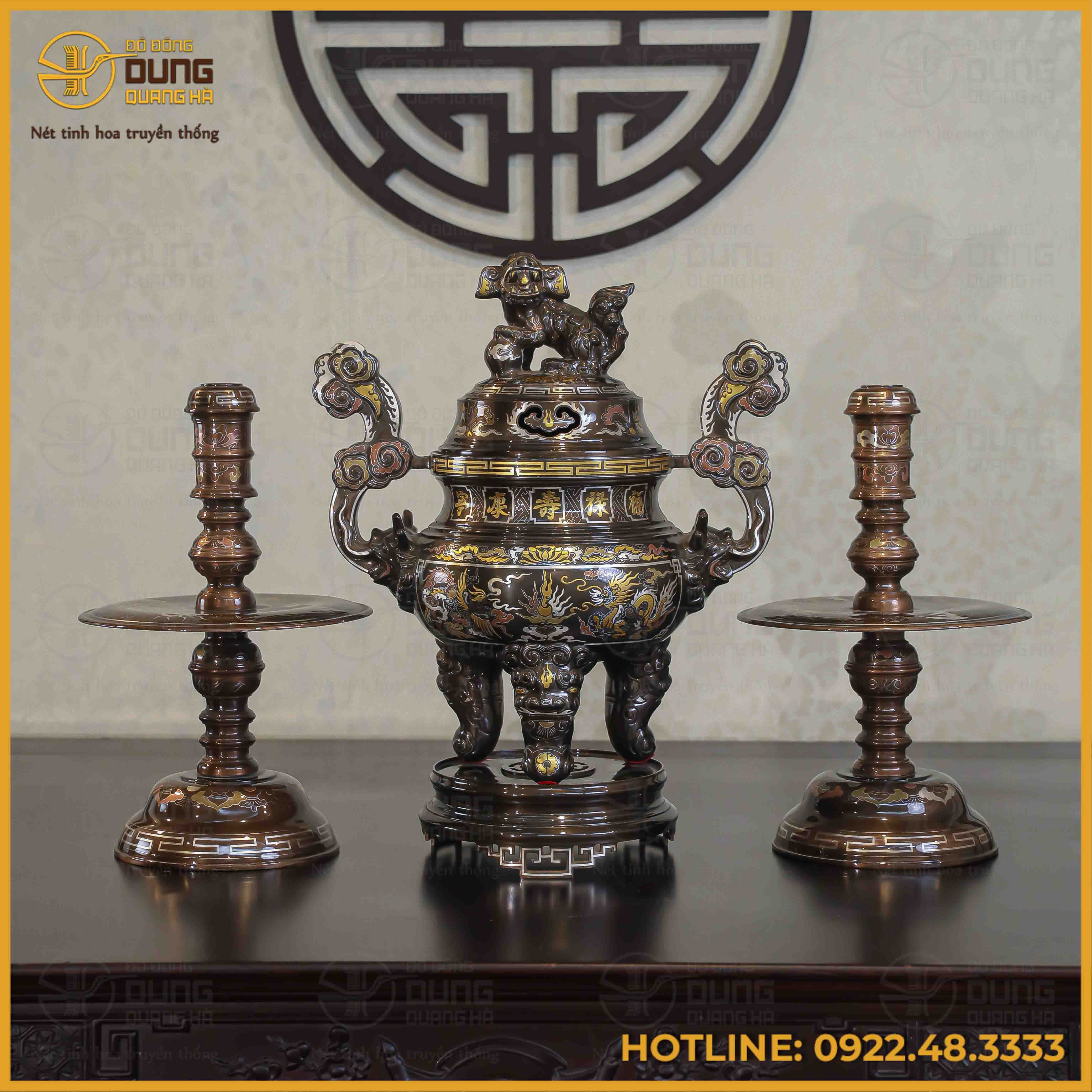 Bộ tam sự nến đồng đỏ khảm ngũ sắc song long chầu nguyệt 50cm