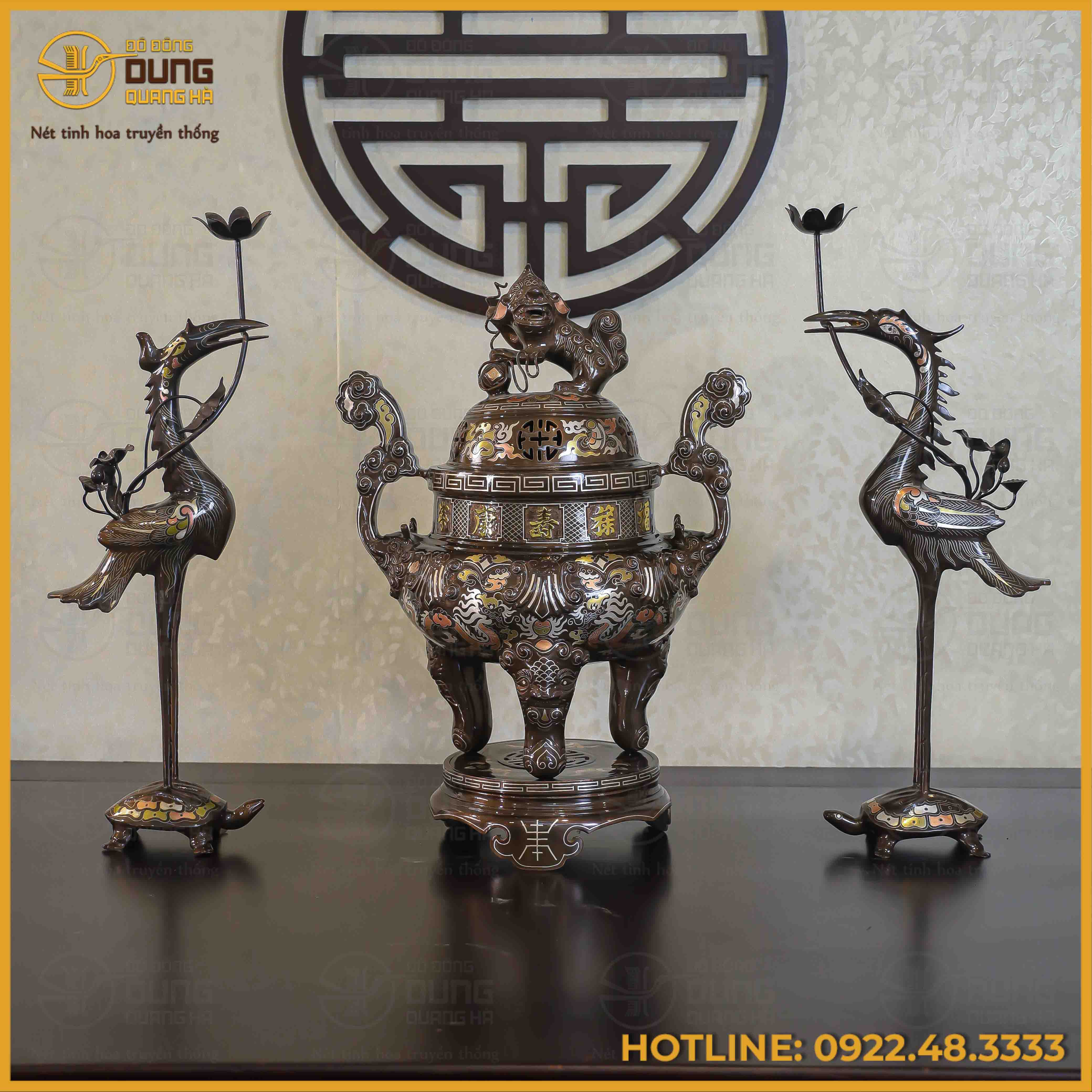 Bộ tam sự hạc đồng đỏ khảm tam khí kỹ chạm sòi 60cm
