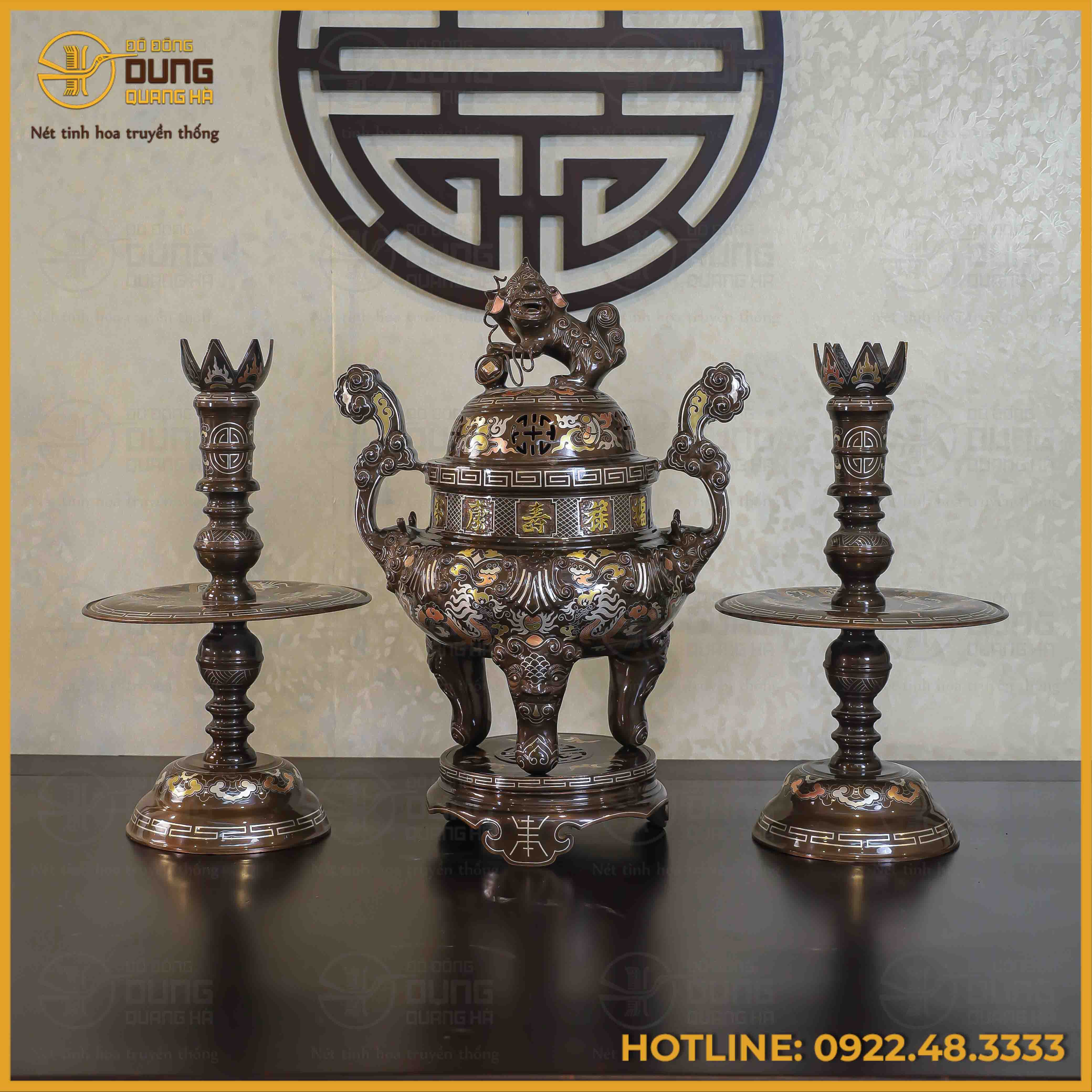 Bộ tam sự nến đồng đỏ khảm tam khí kỹ chạm sòi 60cm