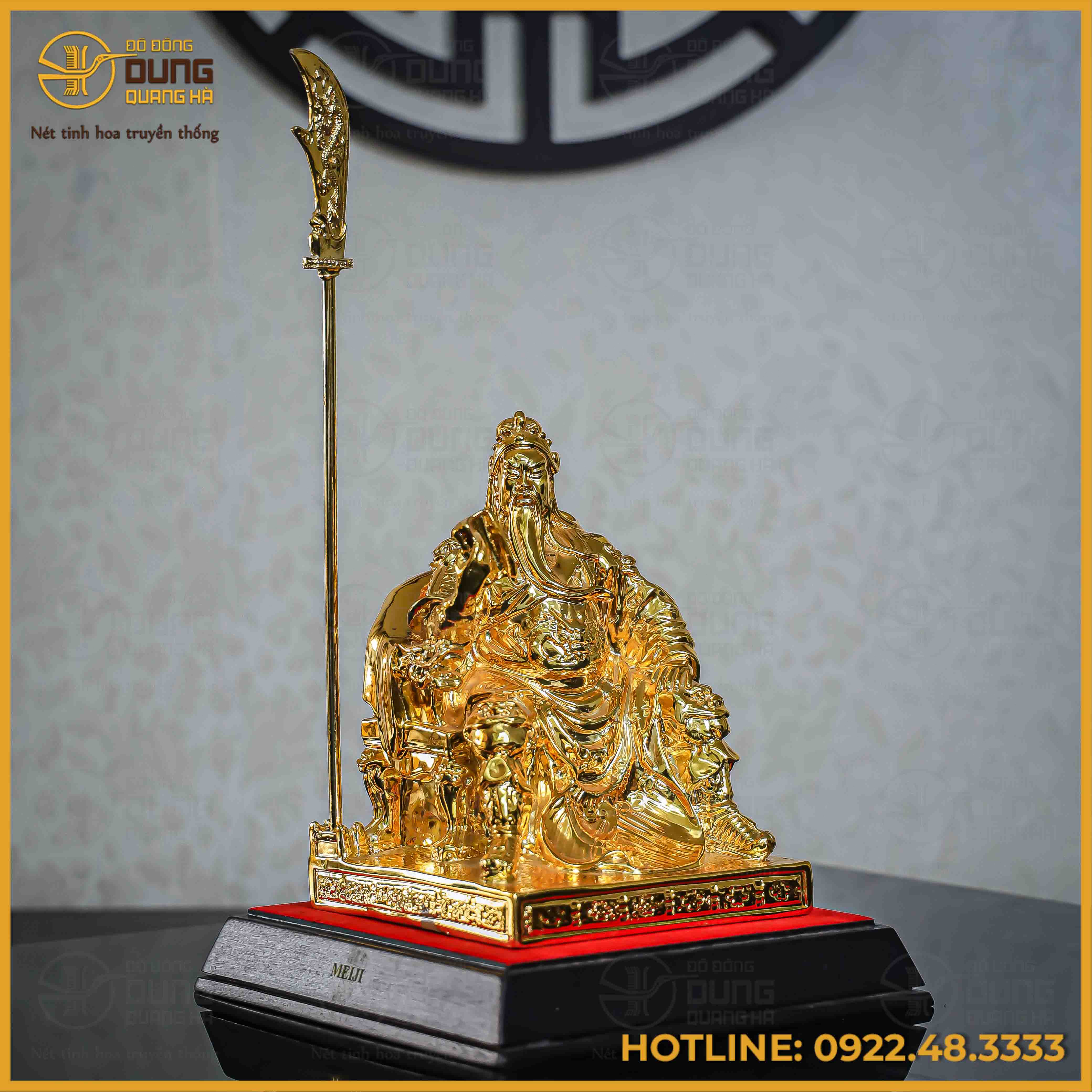 Tượng Quan Công đọc sách đồng vàng mạ vàng cao 25cm