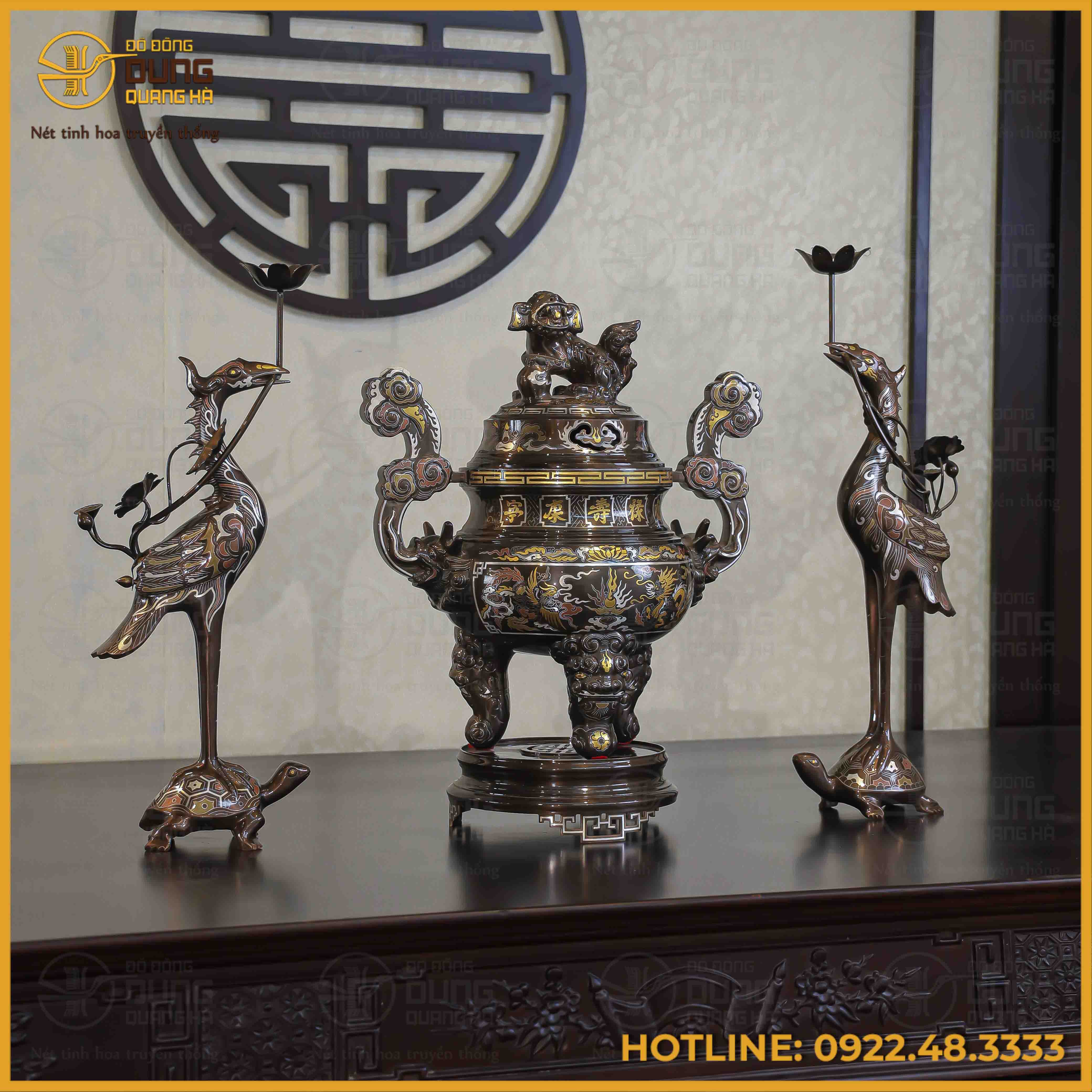 Bộ tam sự hạc đồng đỏ khảm ngũ sắc song long chầu nguyệt 50cm