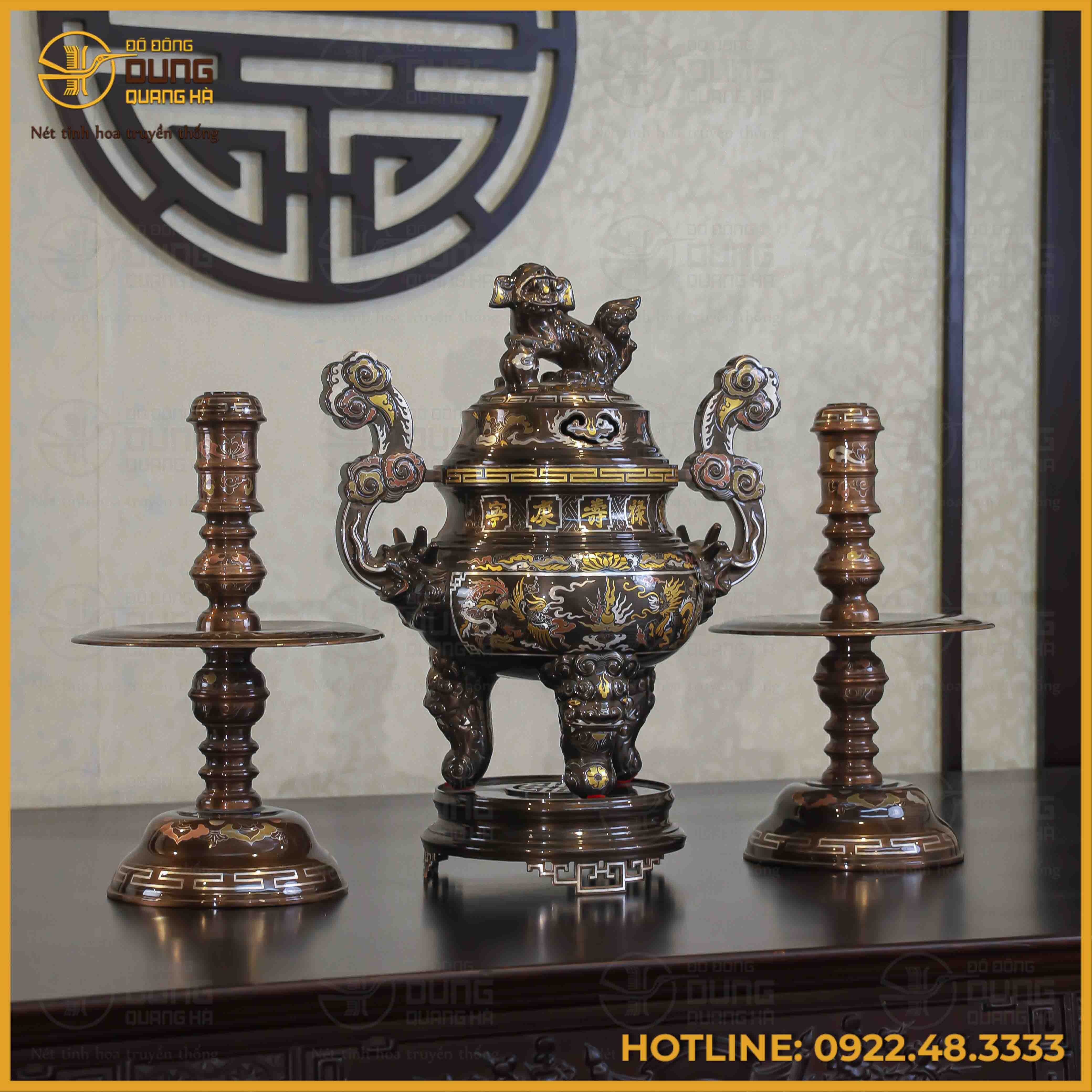 Bộ tam sự nến đồng đỏ khảm ngũ sắc song long chầu nguyệt 50cm