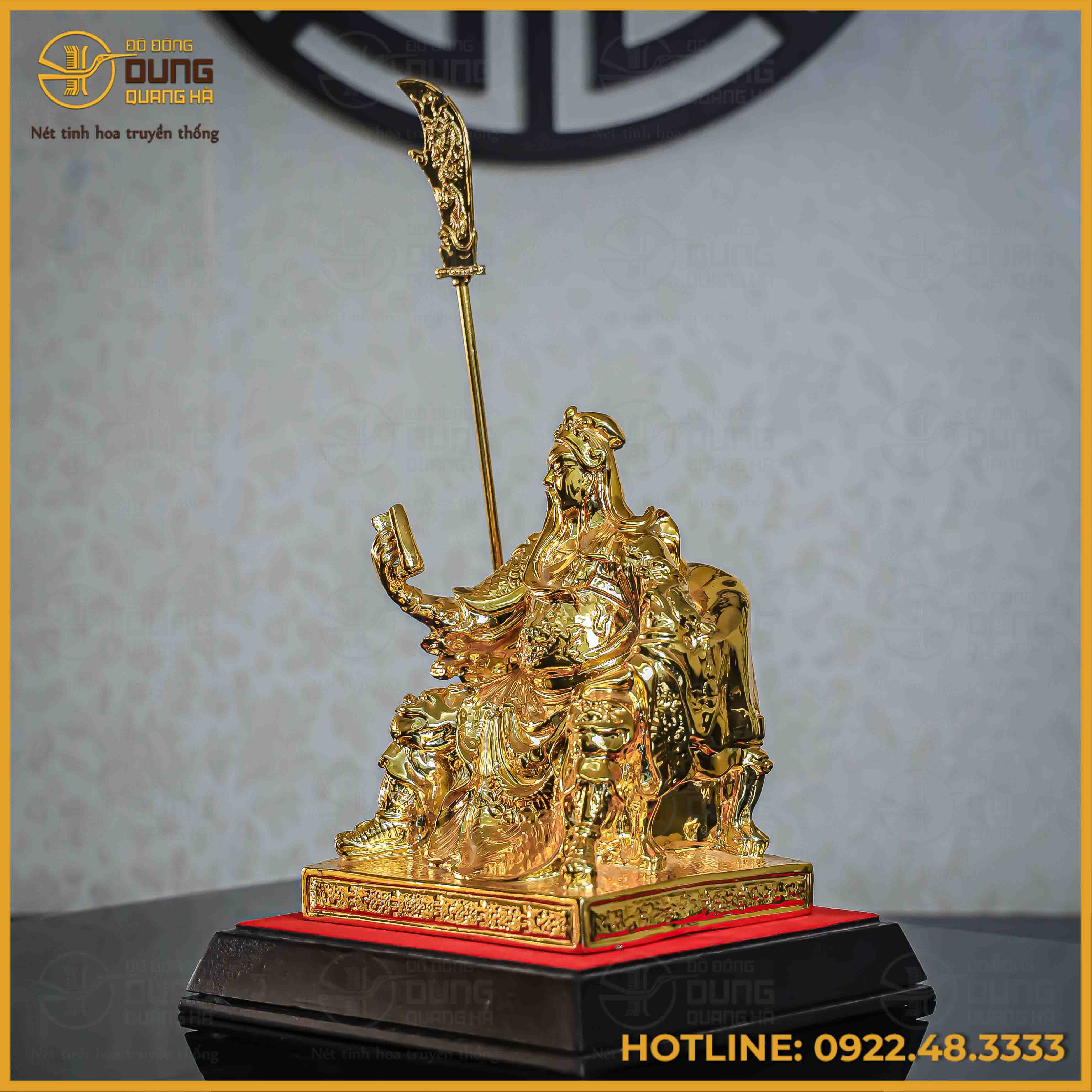 Tượng Quan Công đọc sách đồng vàng mạ vàng cao 25cm
