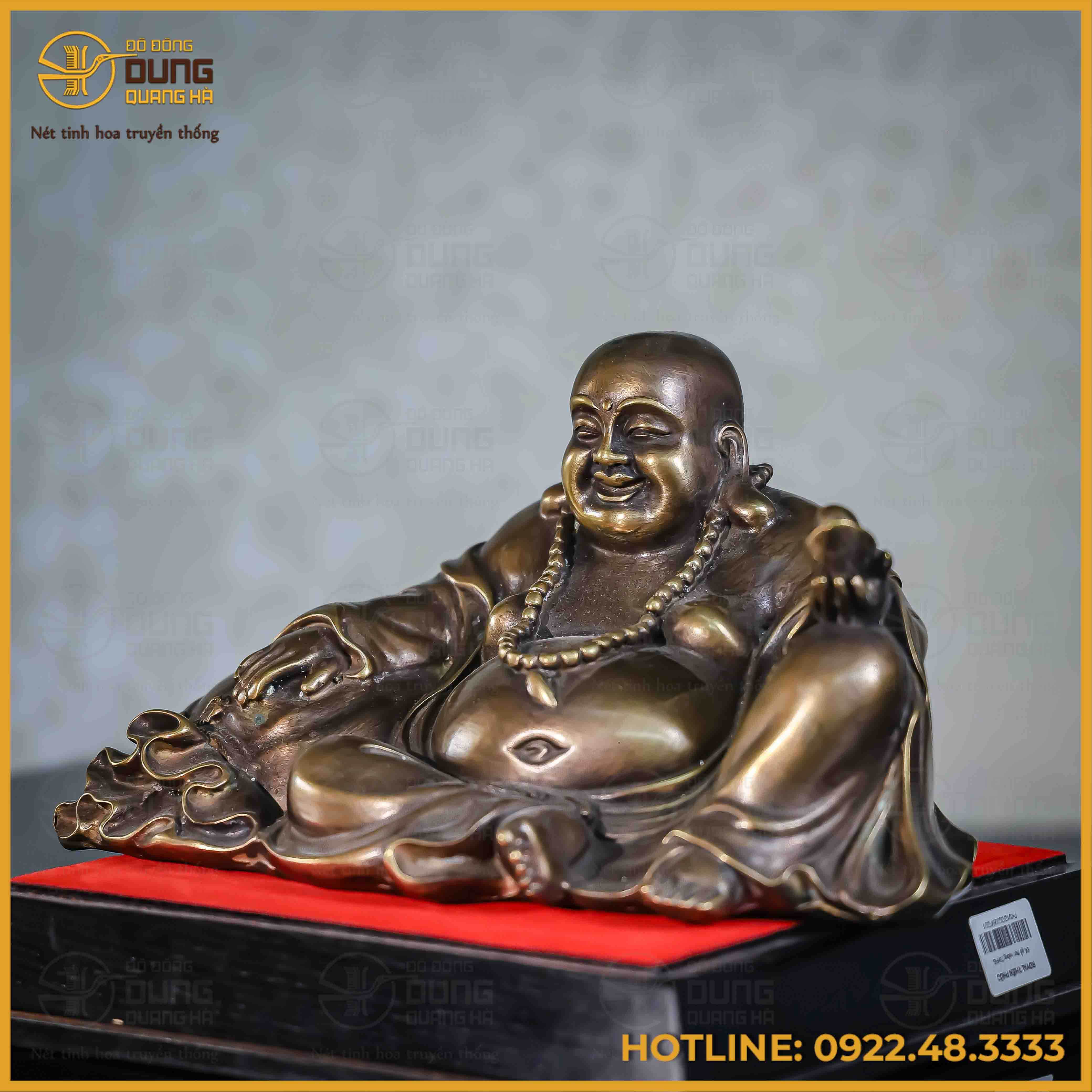 Tượng Phật Di Lặc đồng vàng hun cao 15cm ngang 27cm sâu 16cm