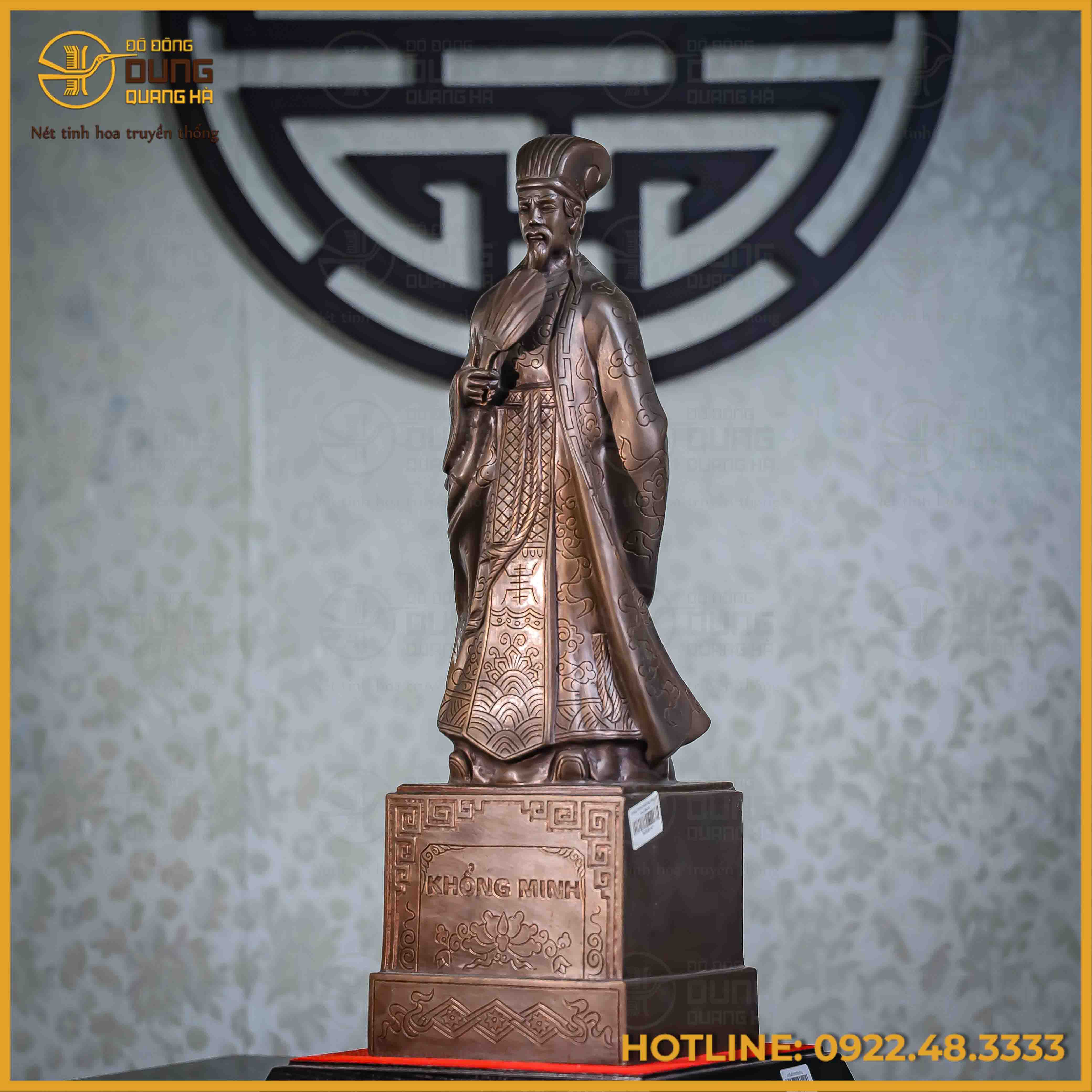 Tượng Khổng Minh đồng đỏ hun đen cao 50cm nặng 9,5kg