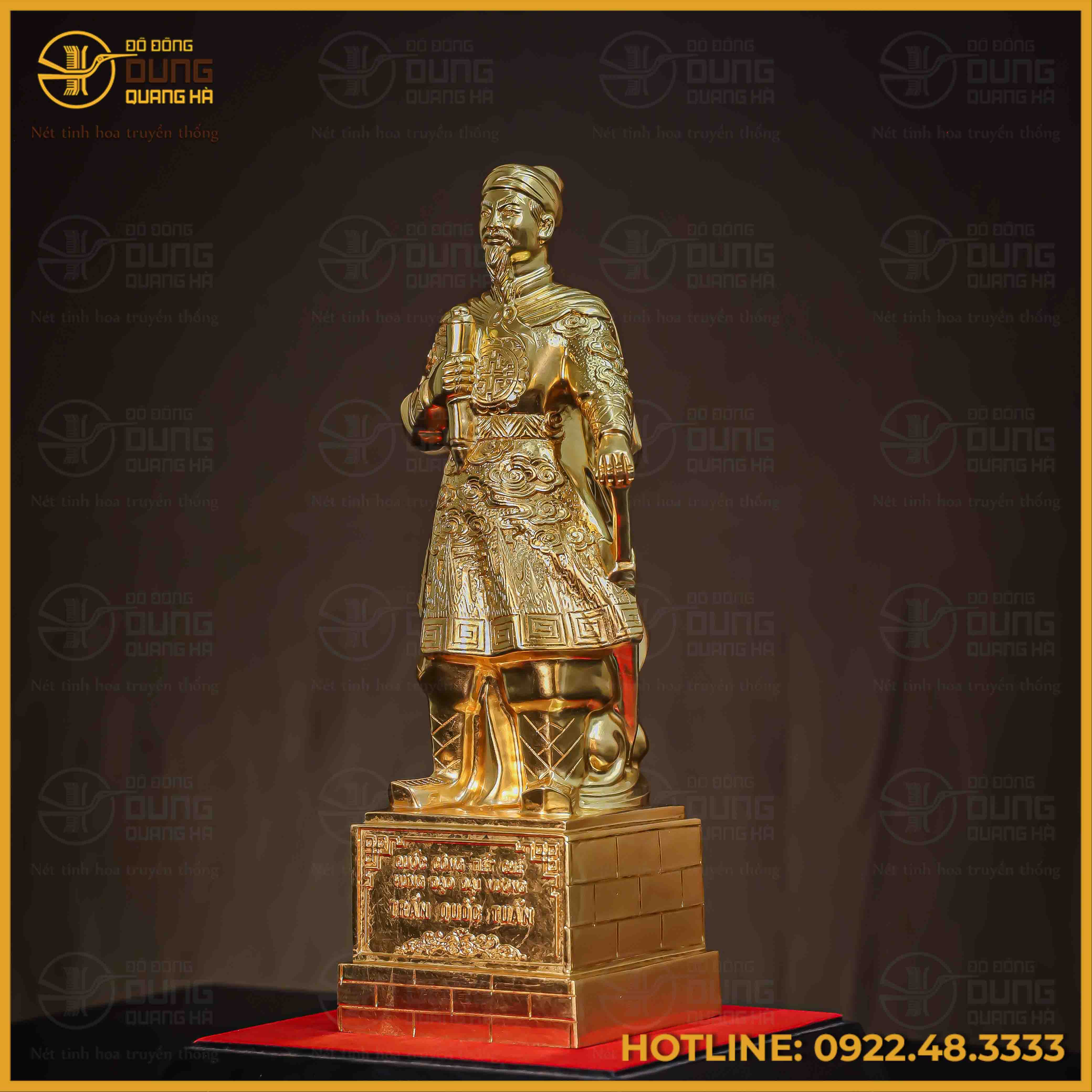 Tượng Trần Hưng Đạo đồng đỏ mộc cày nổi dát vàng cao 38cm