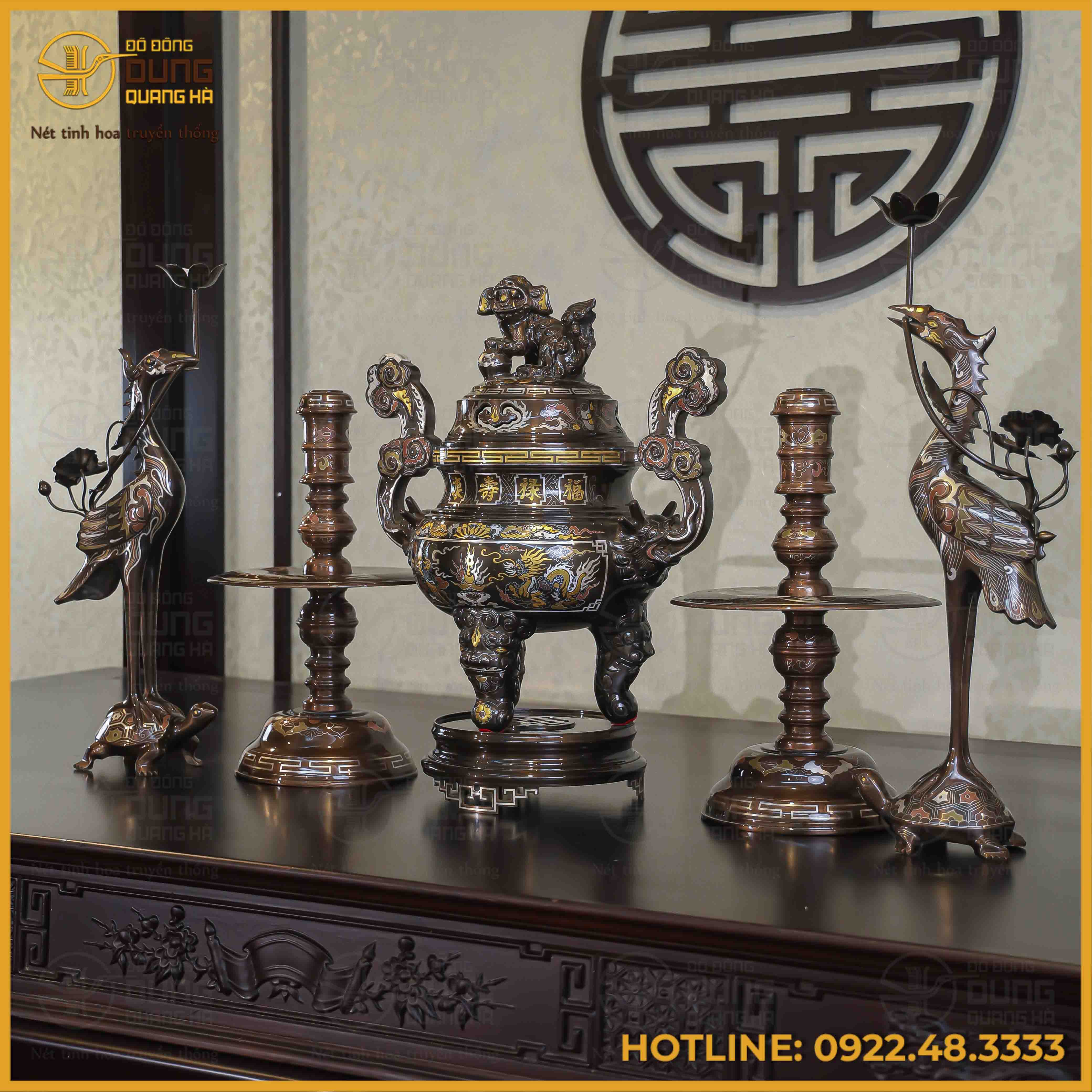 Bộ ngũ sự đồng đỏ khảm ngũ sắc song long chầu nguyệt 50cm