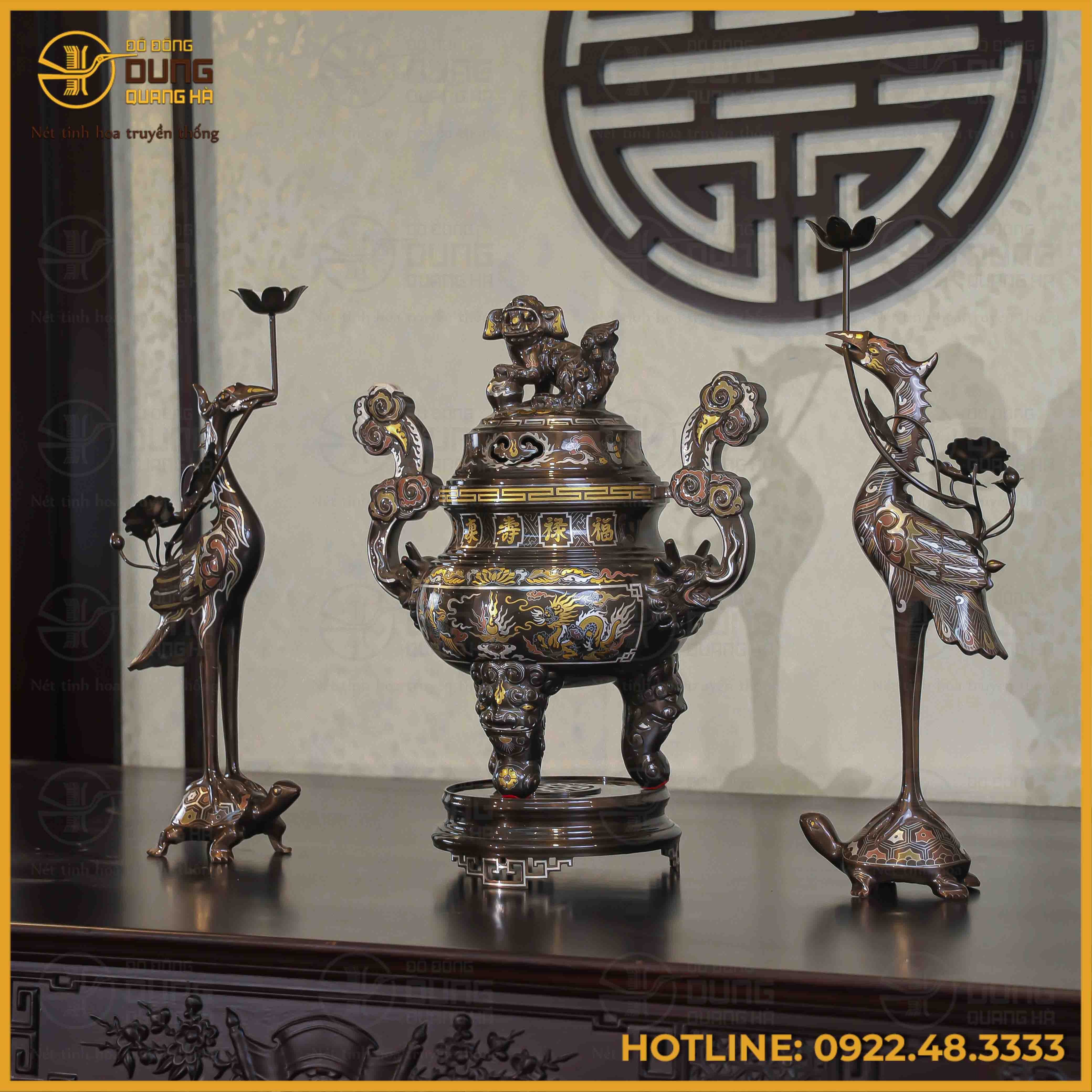 Bộ tam sự hạc đồng đỏ khảm ngũ sắc song long chầu nguyệt 50cm
