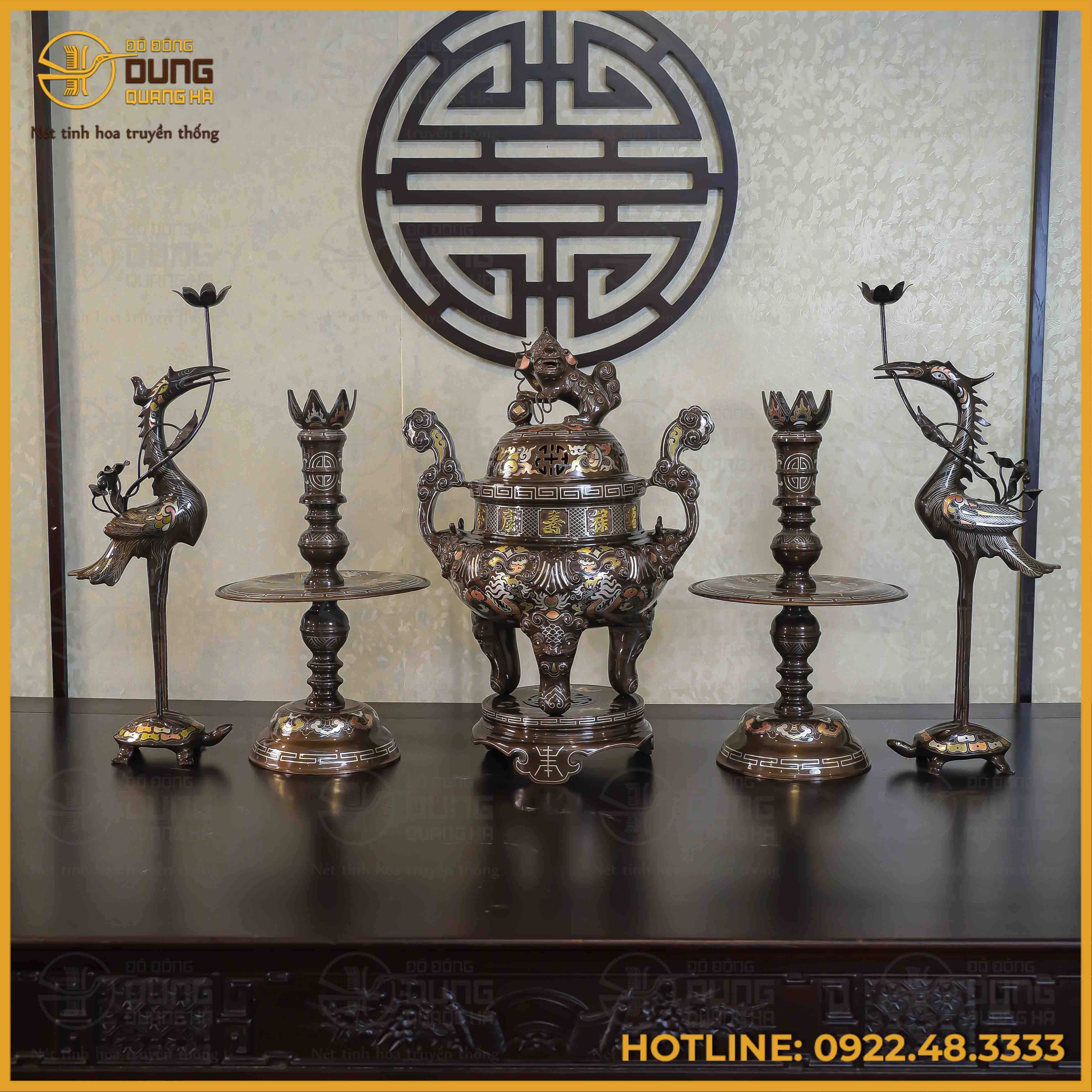 Bộ ngũ sự đồng đỏ khảm tam khí kỹ chạm sòi 60cm