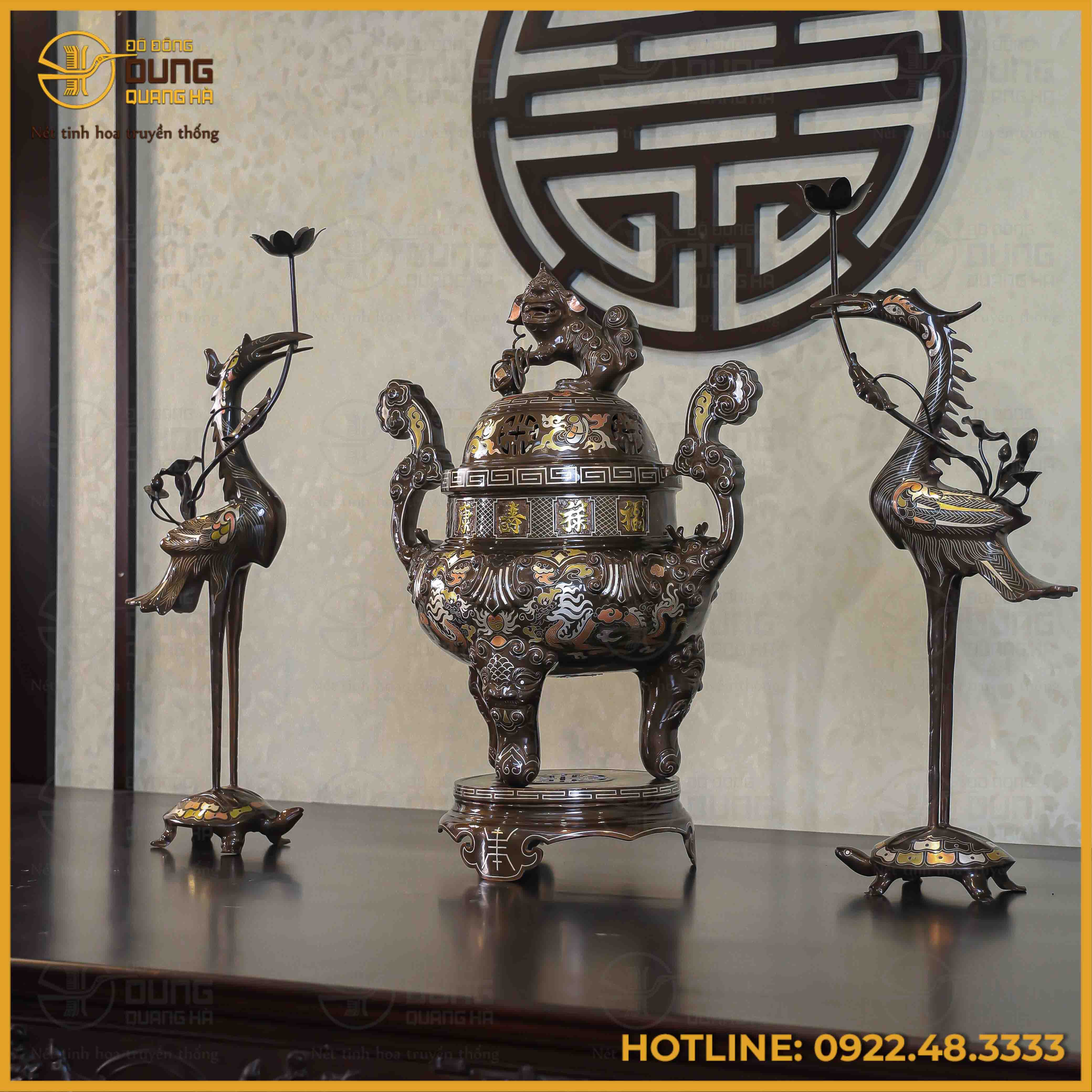 Bộ tam sự hạc đồng đỏ khảm tam khí kỹ chạm sòi 60cm