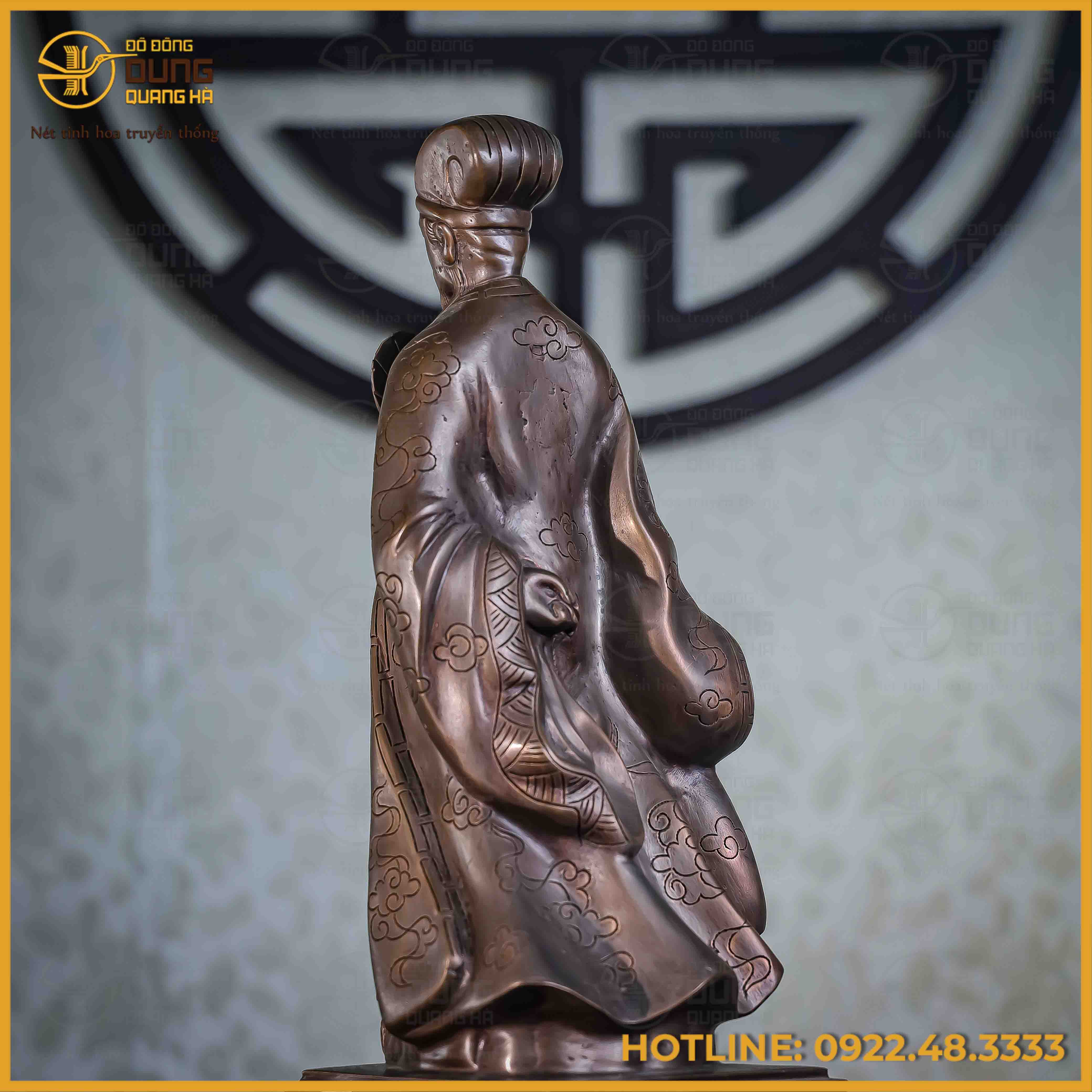 Tượng Khổng Minh đồng đỏ hun đen cao 50cm nặng 9,5kg