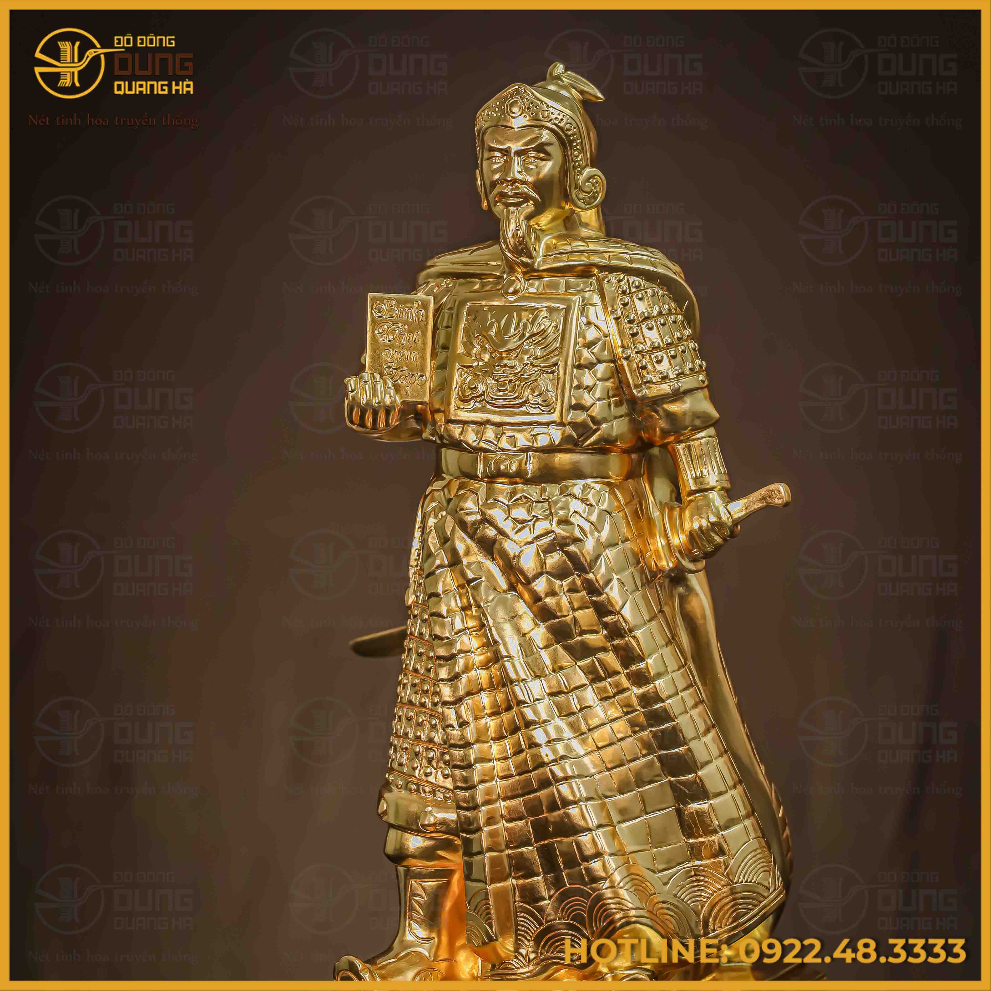 Tượng Trần Hưng Đạo đồng đỏ áo giáp cày nổi dát vàng 50cm