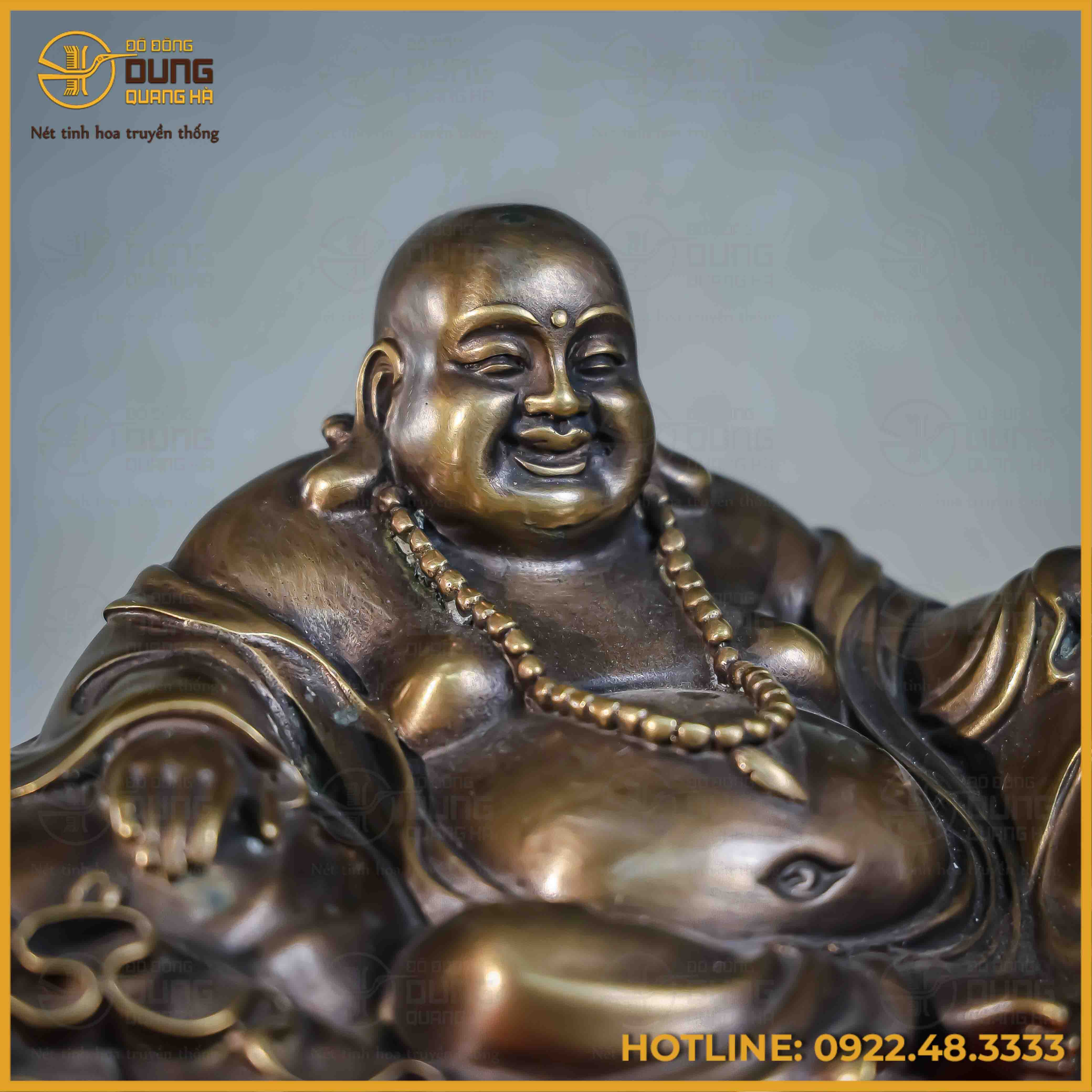 Tượng Phật Di Lặc đồng vàng hun cao 15cm ngang 27cm sâu 16cm