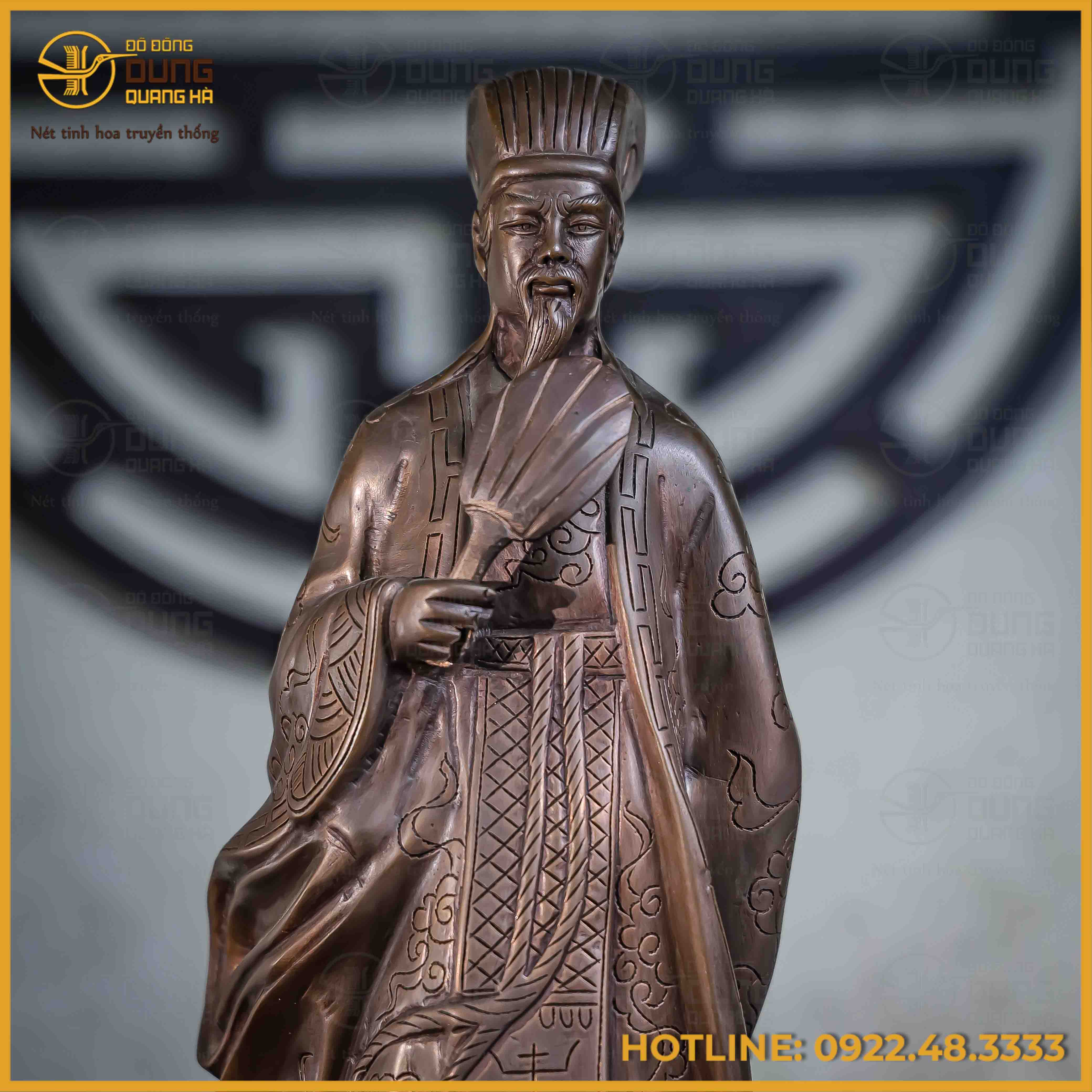 Tượng Khổng Minh đồng đỏ hun đen cao 50cm nặng 9,5kg