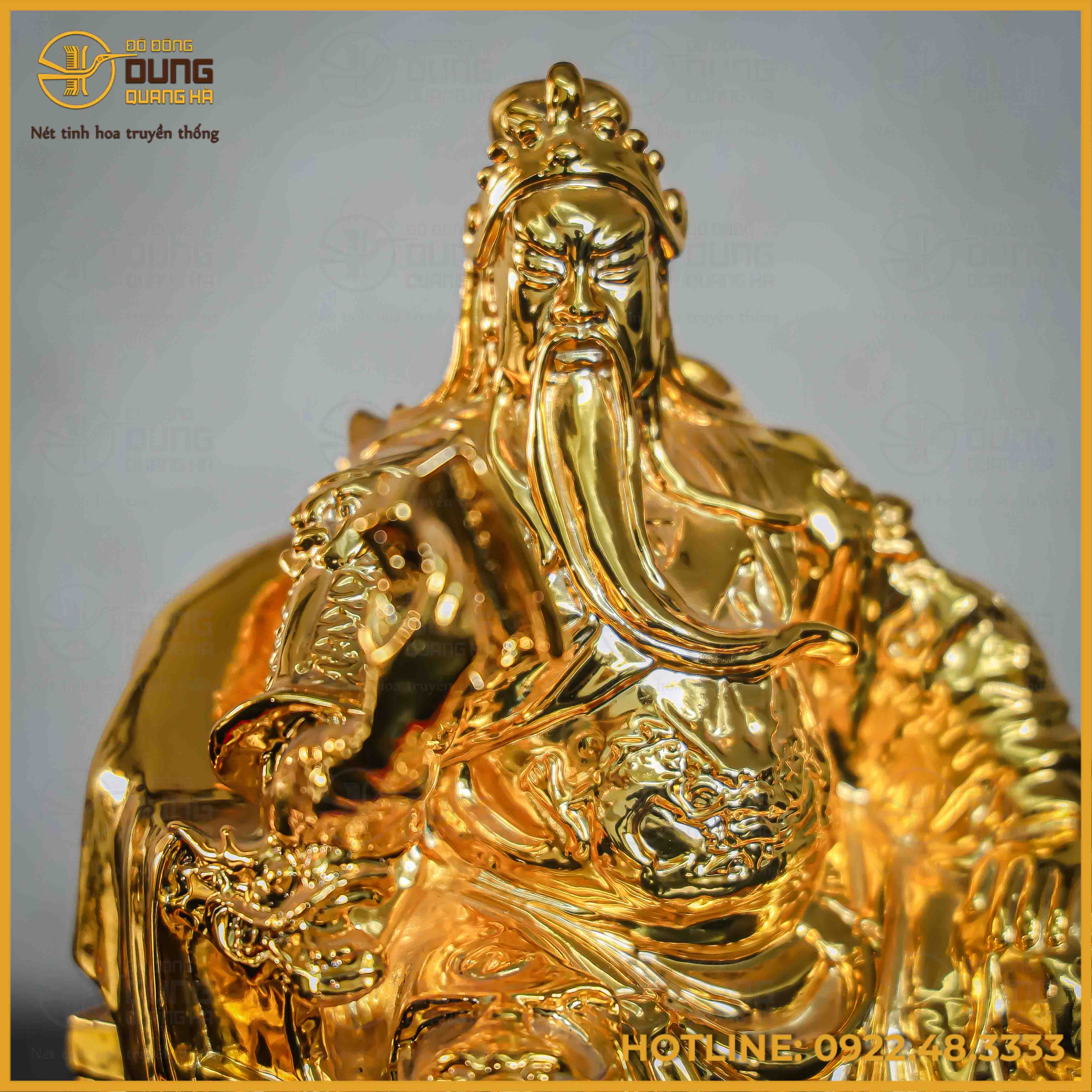 Tượng Quan Công đọc sách đồng vàng mạ vàng cao 25cm