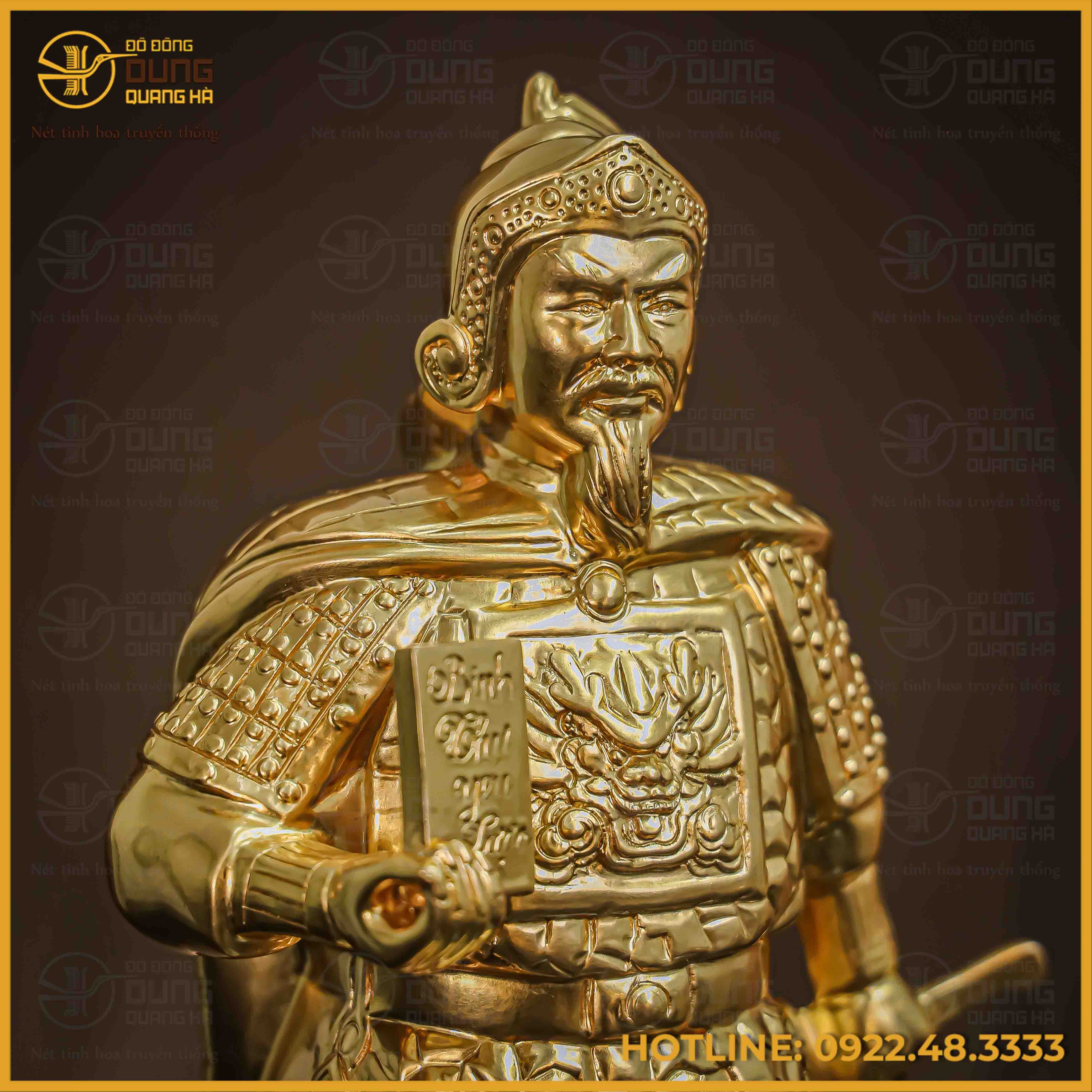 Tượng Trần Hưng Đạo đồng đỏ áo giáp cày nổi dát vàng 50cm