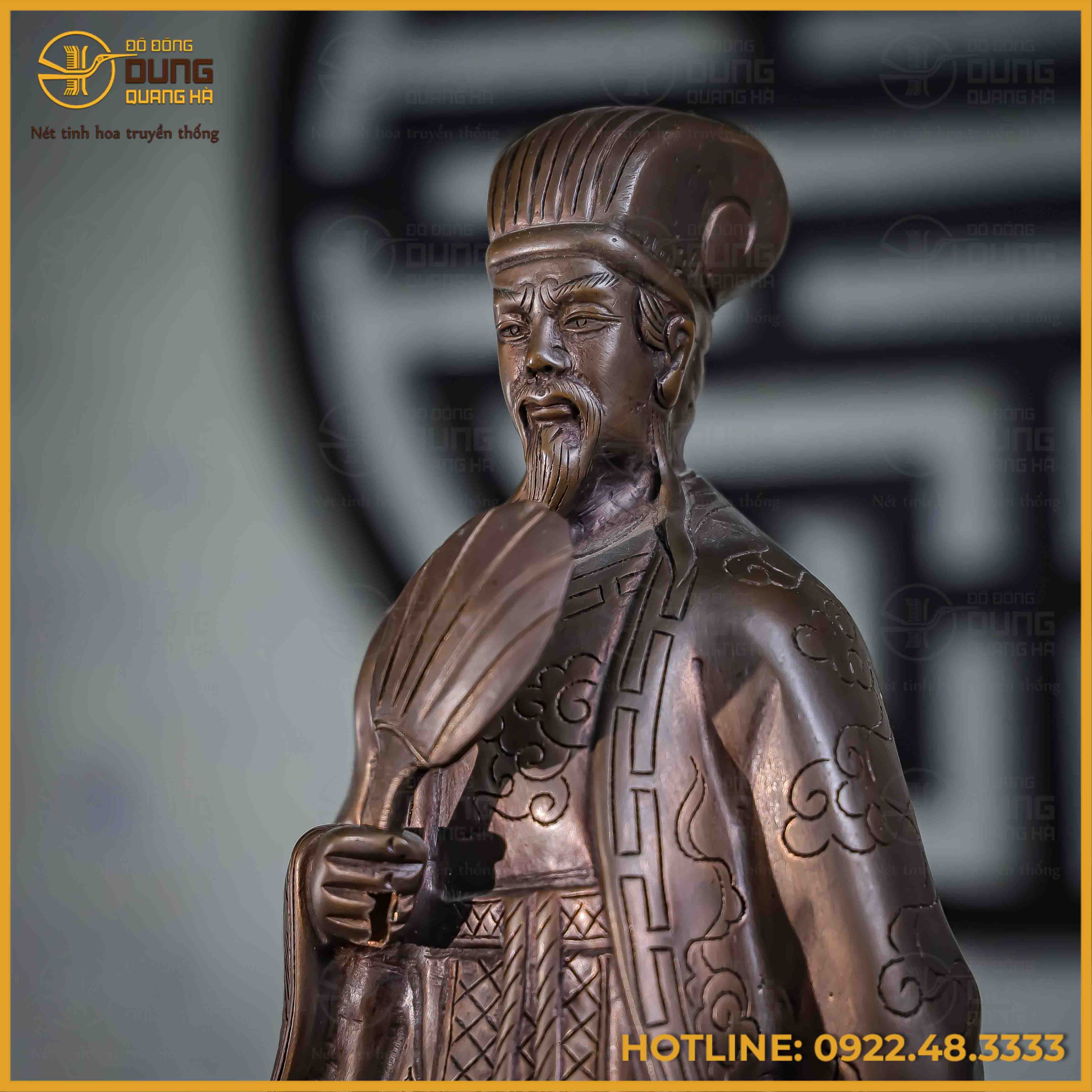 Tượng Khổng Minh đồng đỏ hun đen cao 50cm nặng 9,5kg