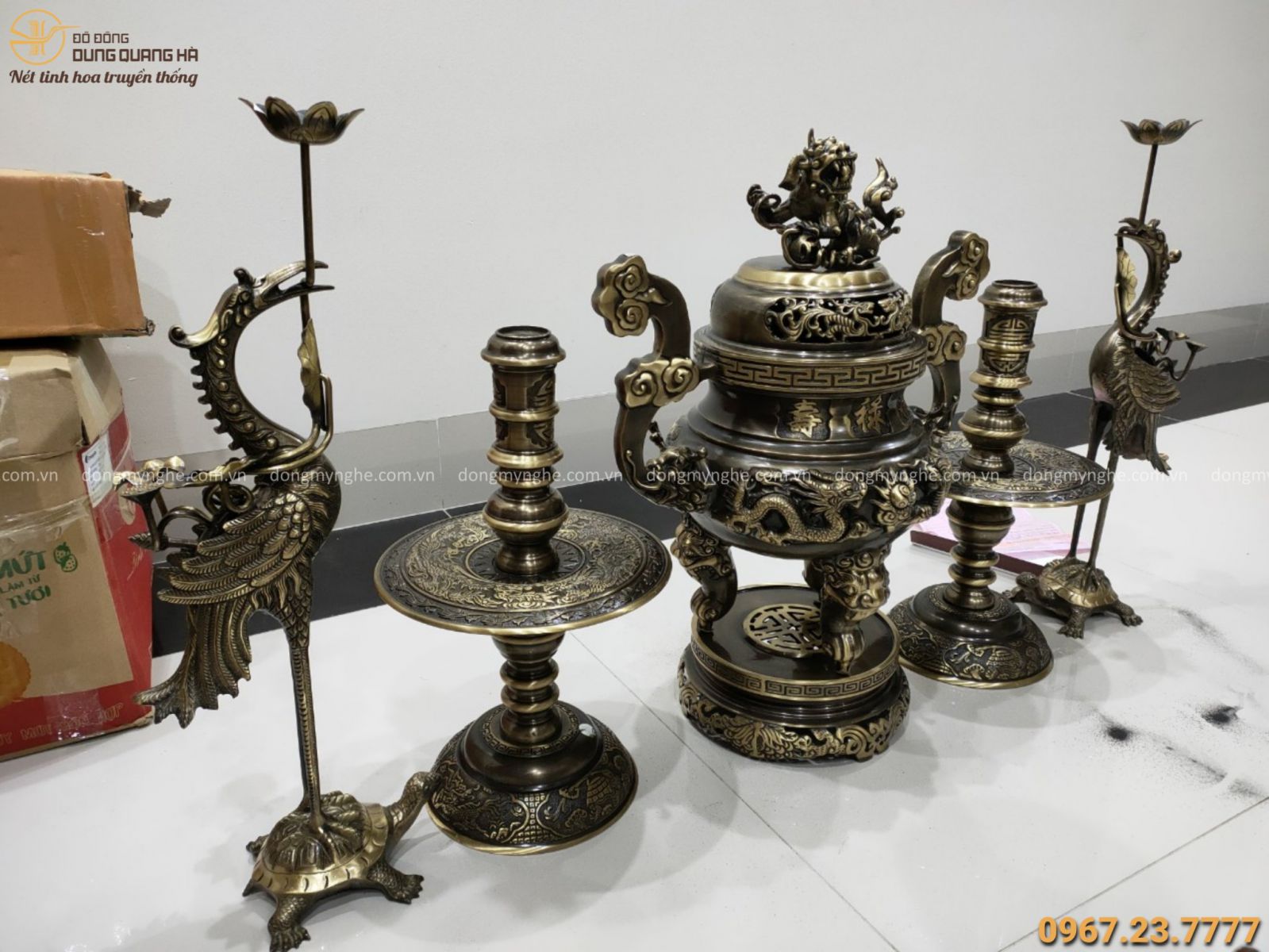 bộ ngũ sự bằng đồng giả cổ chạm rồng nổi cao 60cm
