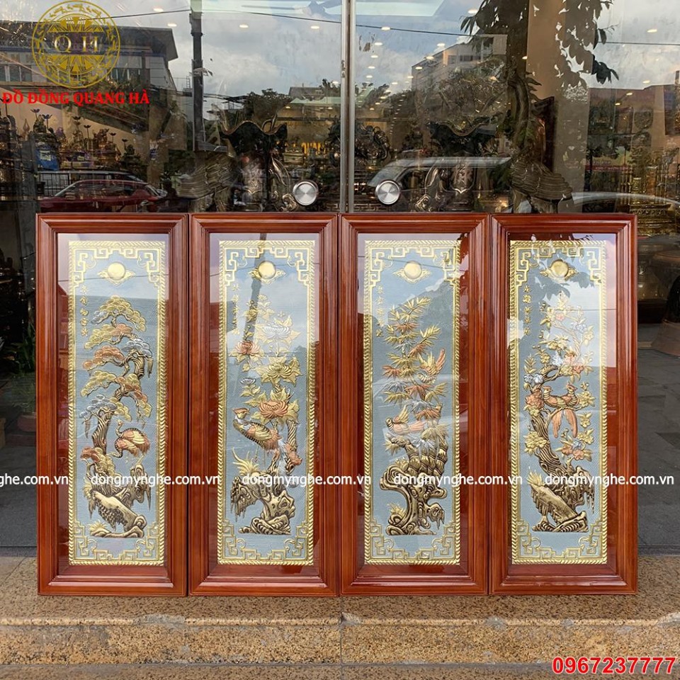 tranh tứ quý bằng đồng khảm tam khí tranh phòng khách sang trọng