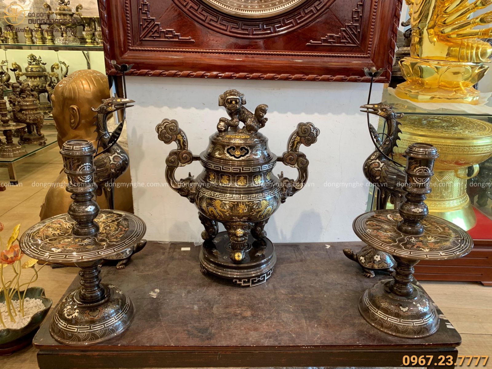 bộ ngũ sự bằng đồng khảm ngũ sắc tinh xảo khách đến xem bộ ngũ sự