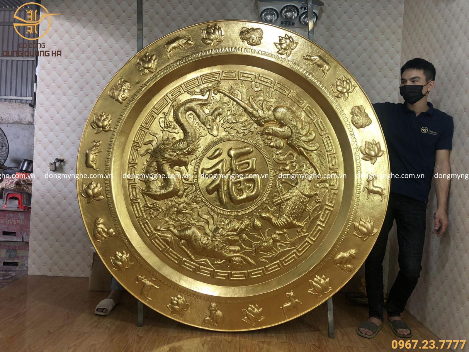 dát vàng mâm tứ linh bằng đồng dát vàng mâm tứ linh bằng đồng