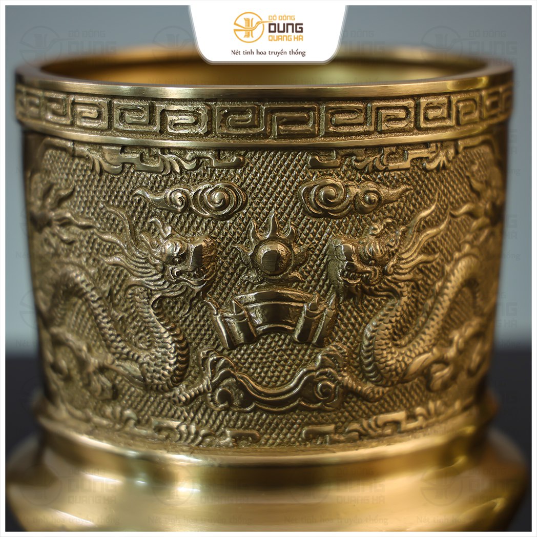 Bát hương thờ cúng bằng đồng vàng mộc 14cm rồng phượng chạm nổi