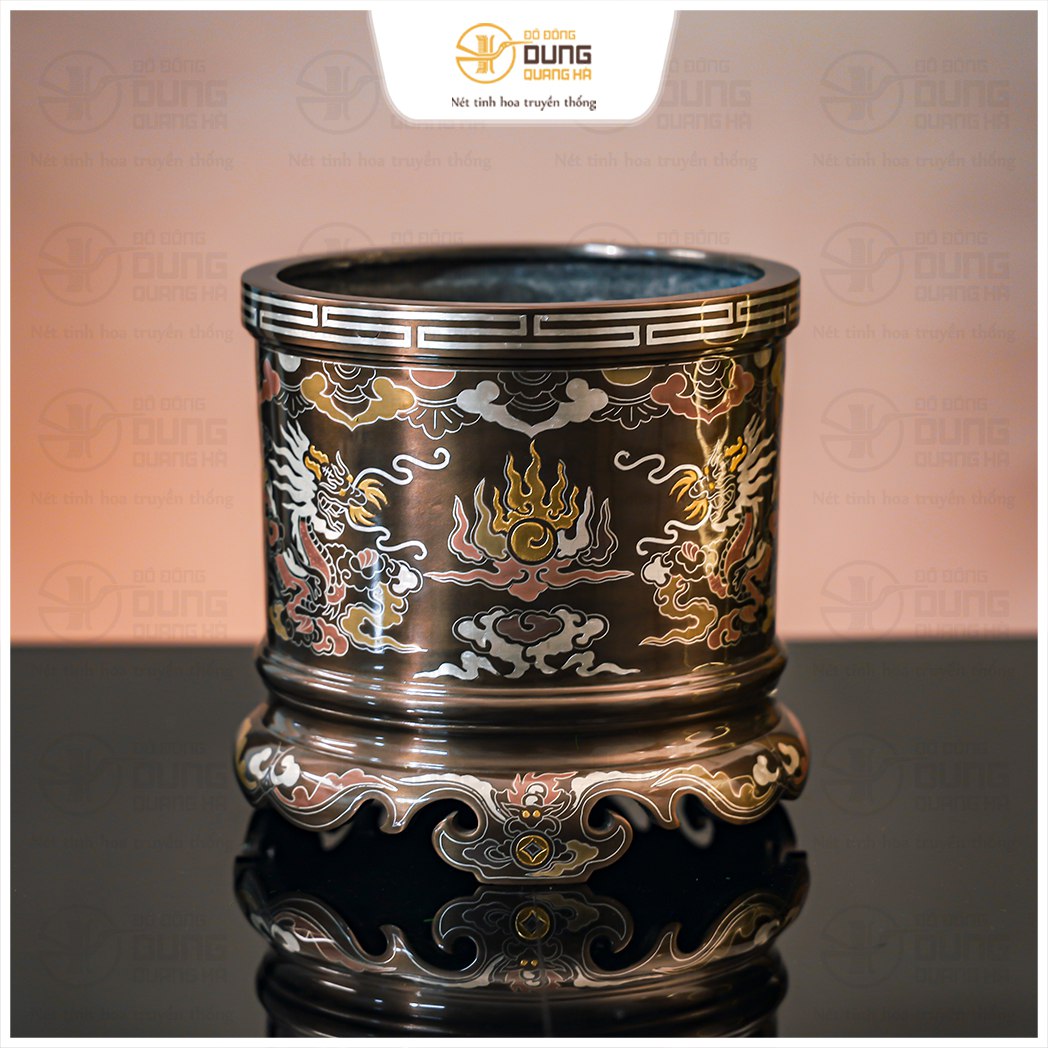 Bát hương thờ gia tiên bằng đồng khảm ngũ sắc 16cm