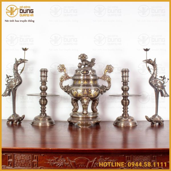 Bộ đồ thờ bằng đồng 5 món khảm tam khí, ngũ sắc