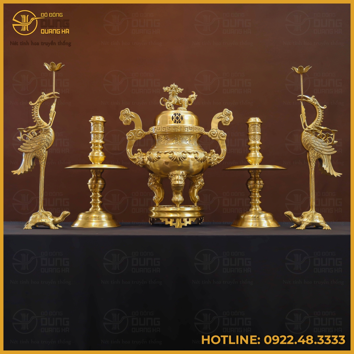 Bộ đỉnh đồng ngũ sự bằng đồng vàng mộc