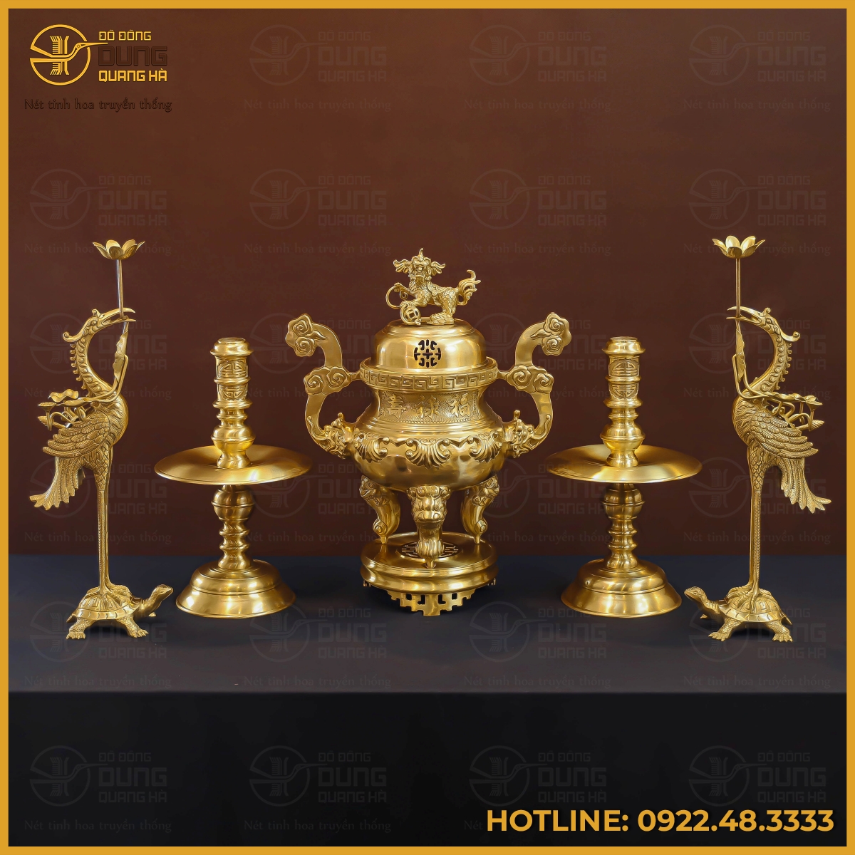 Bộ đỉnh đồng ngũ sự bằng đồng vàng mộc