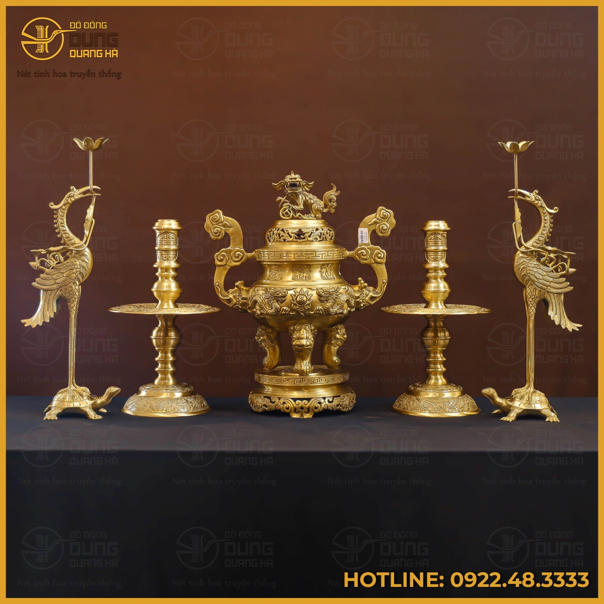 Bộ đỉnh đồng ngũ sự bằng đồng vàng mộc