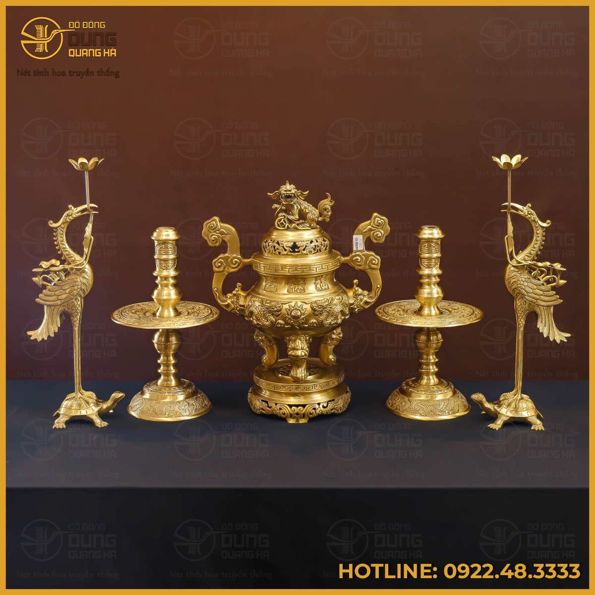 Bộ đỉnh đồng ngũ sự bằng đồng vàng mộc