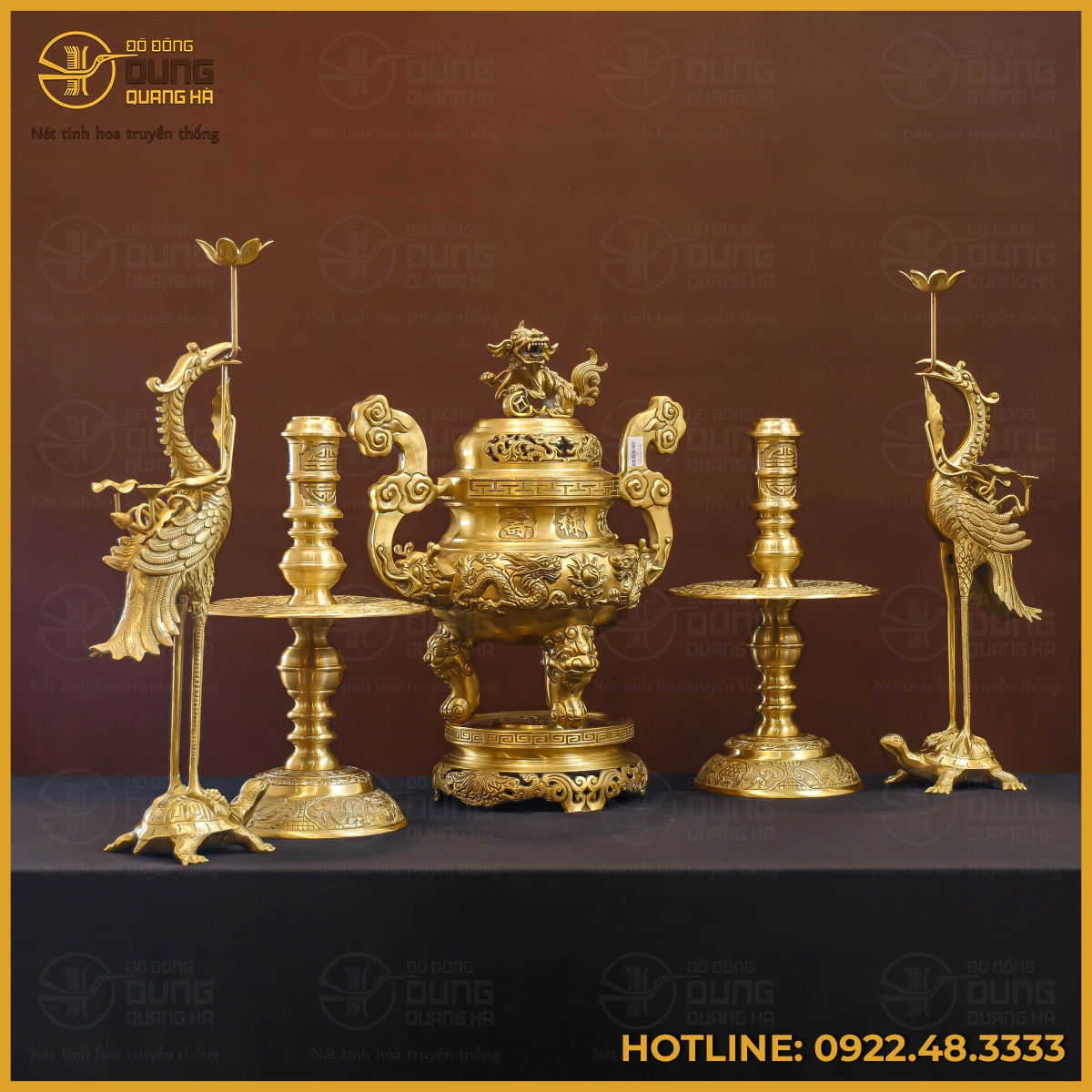 Bộ đỉnh đồng ngũ sự bằng đồng vàng mộc