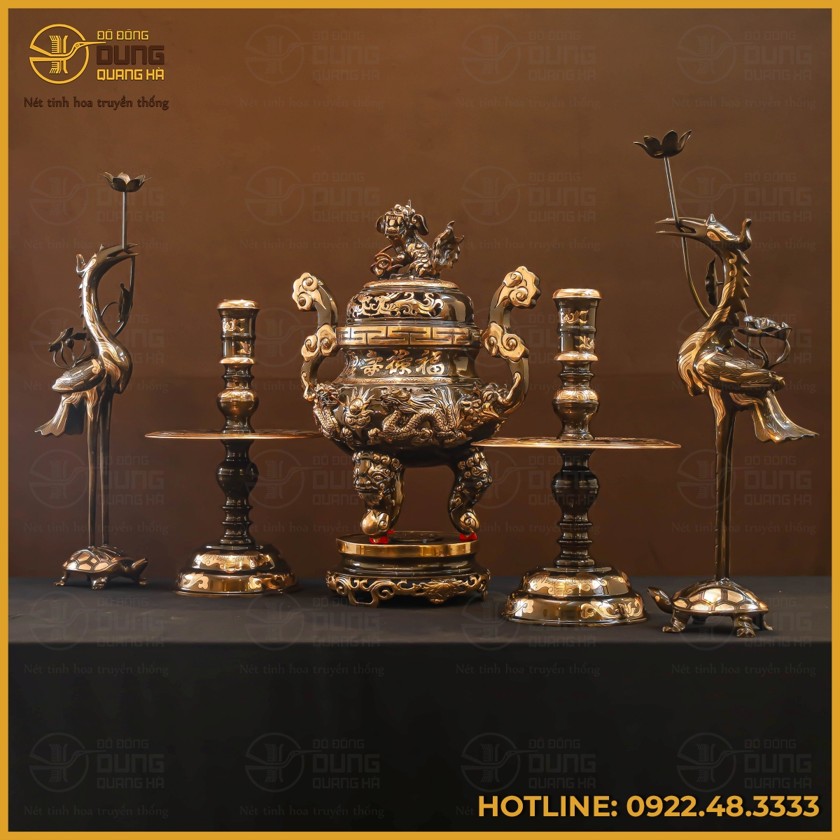 Bộ đỉnh đồng ngũ sự bằng đồng đỏ cạo màu