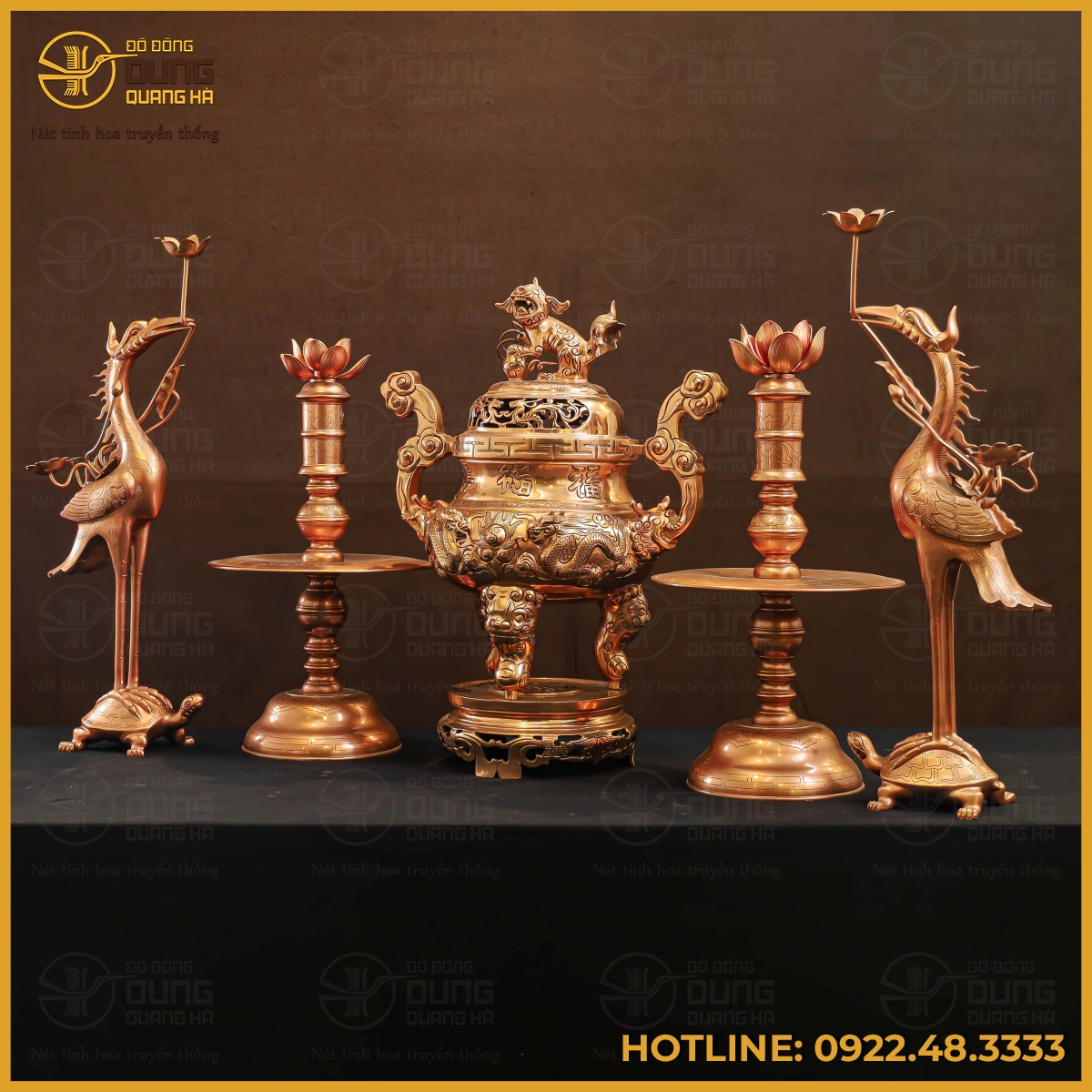 Bộ đỉnh đồng ngũ sự bằng đồng đỏ mộc