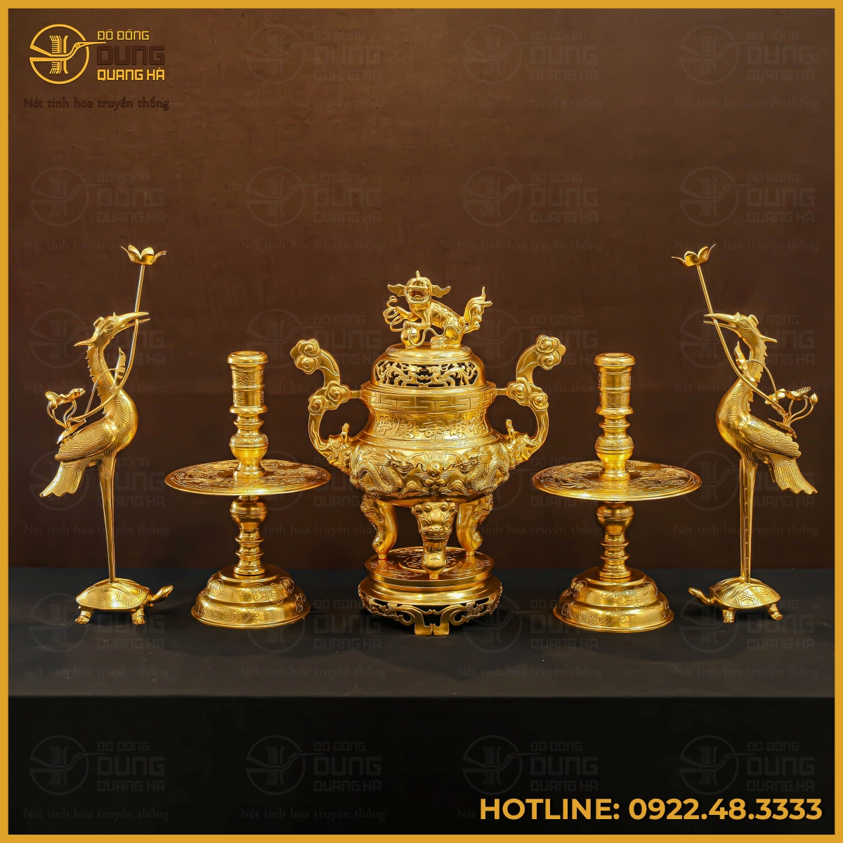 Bộ đỉnh đồng ngũ sự bằng đồng đỏ dát vàng