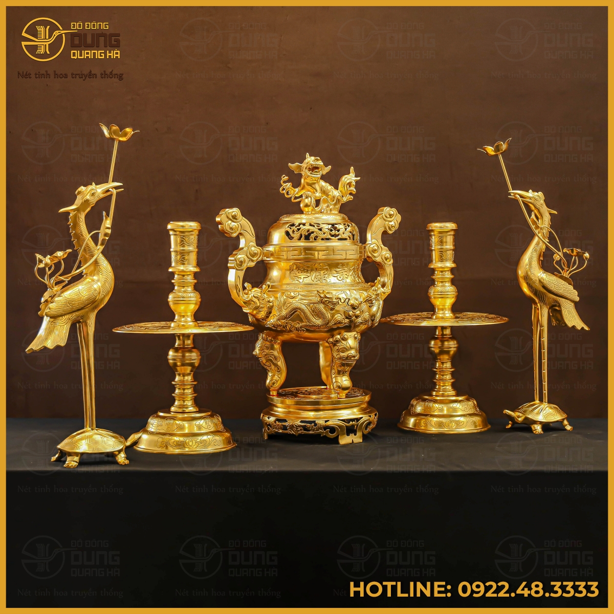 Bộ đỉnh đồng ngũ sự bằng đồng đỏ dát vàng